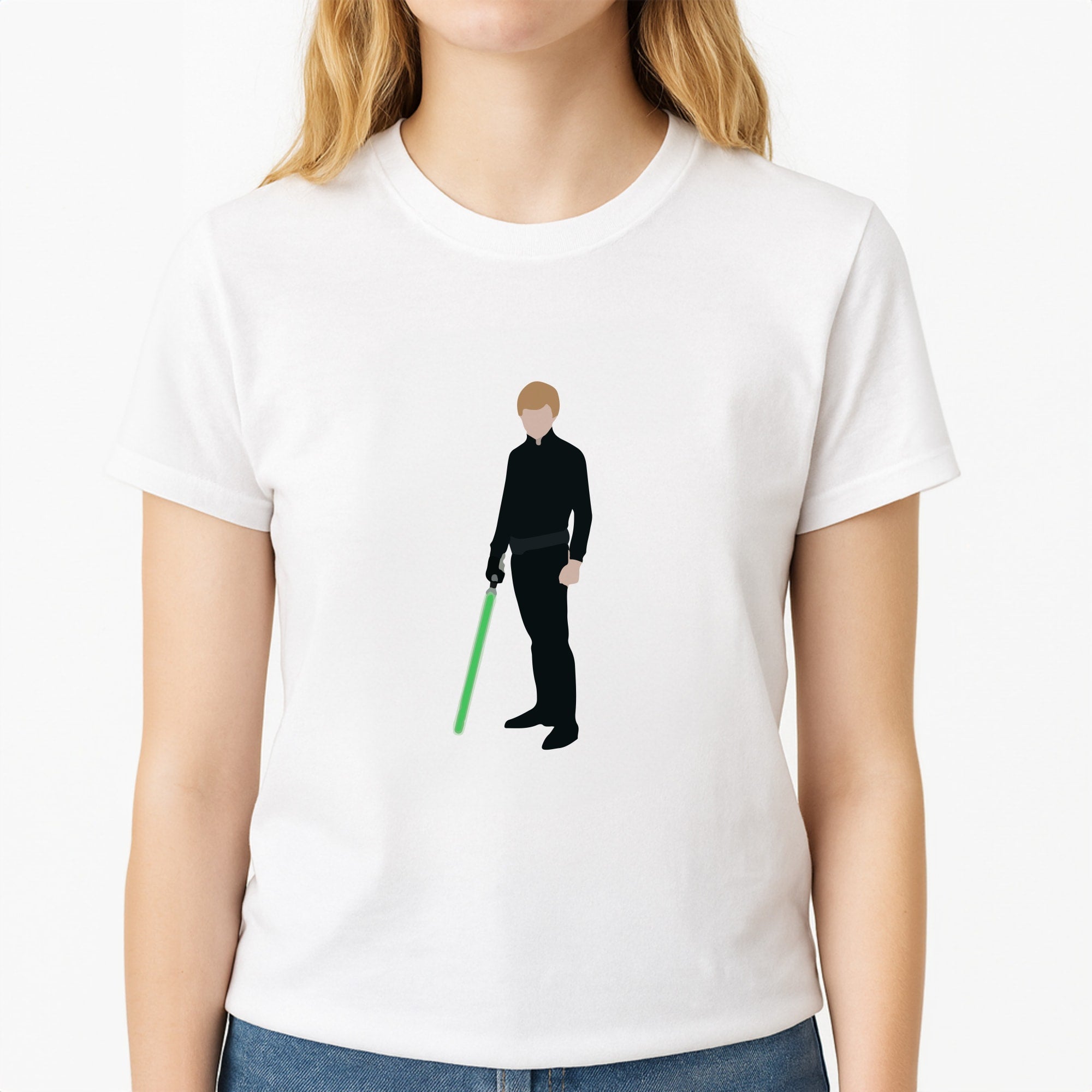 Skywalker Green Lightsaber Unisex T-Shirt, worn by a female model