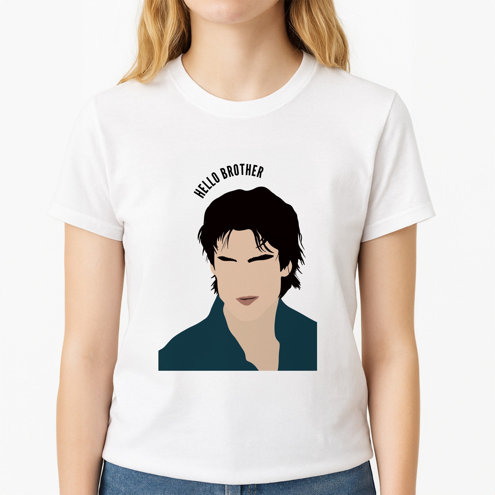 Hello Brother Cartoon - VD Unisex T-Shirt, worn by a female model