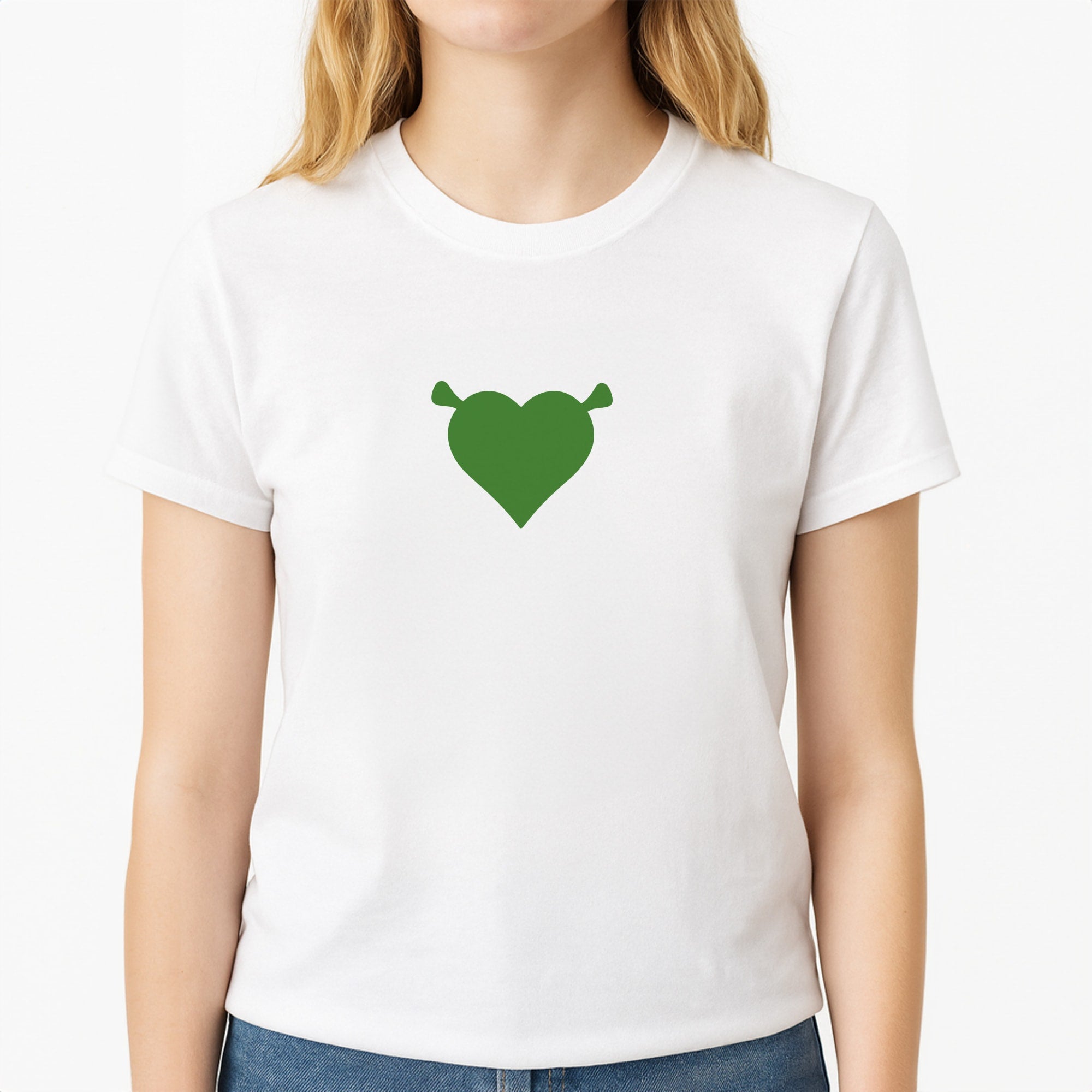 Green Ogre Heart Unisex T-Shirt, worn by a female model
