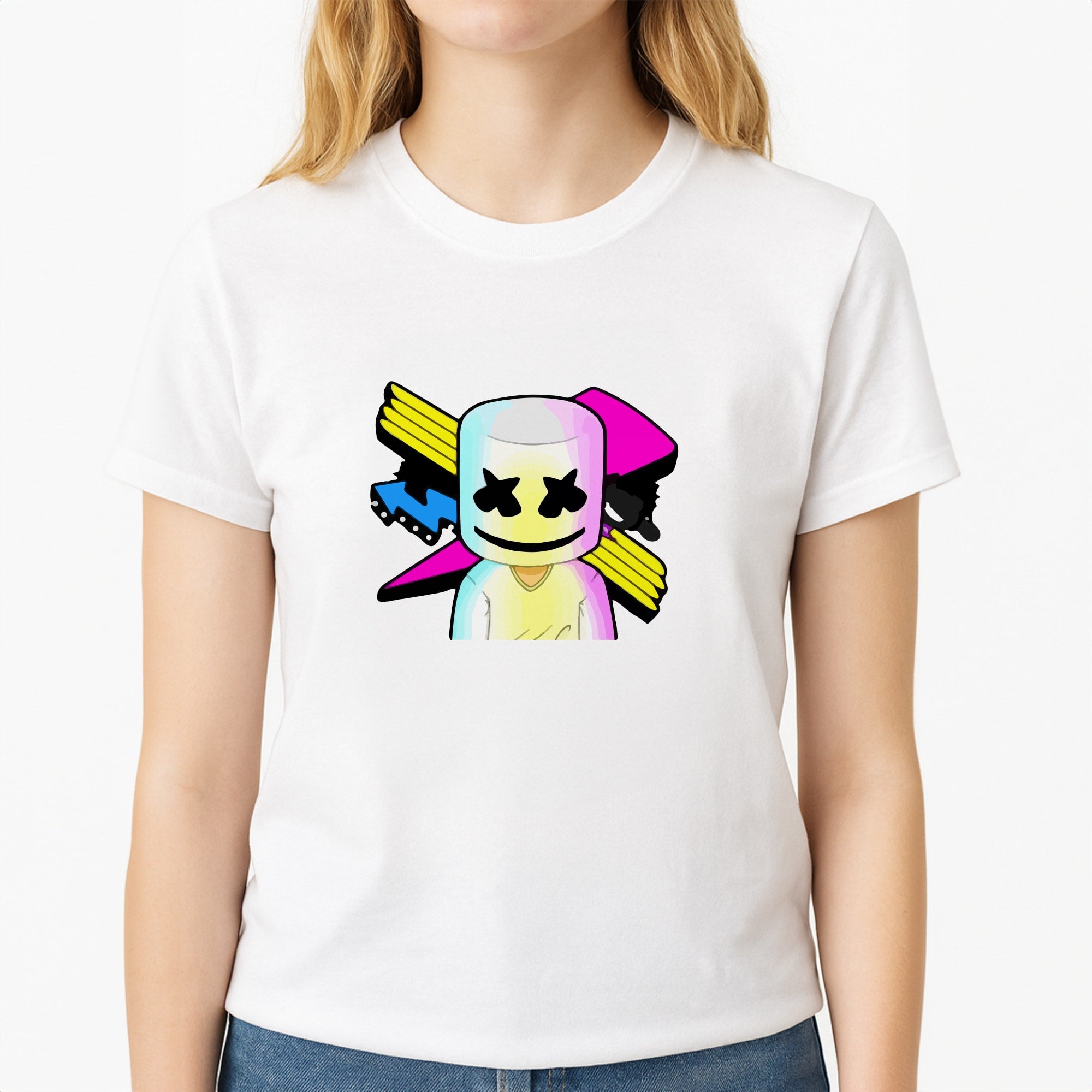 Neon Logo White Helmet DJ Unisex T-Shirt, worn by a female model