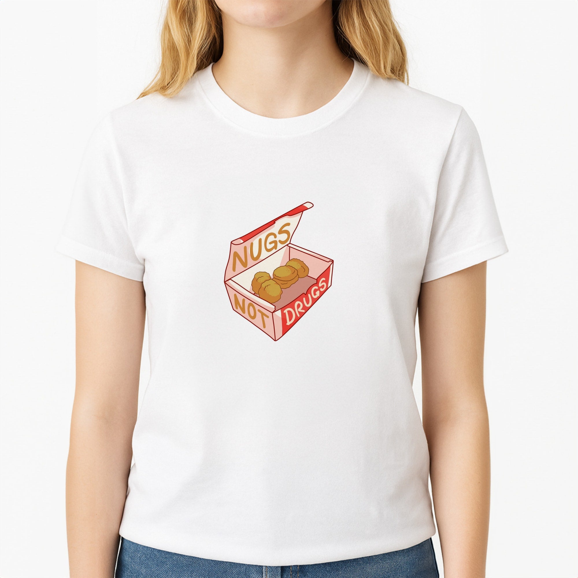 Nugs not Drugs Tumblr Style Unisex T-Shirt, worn by a female model