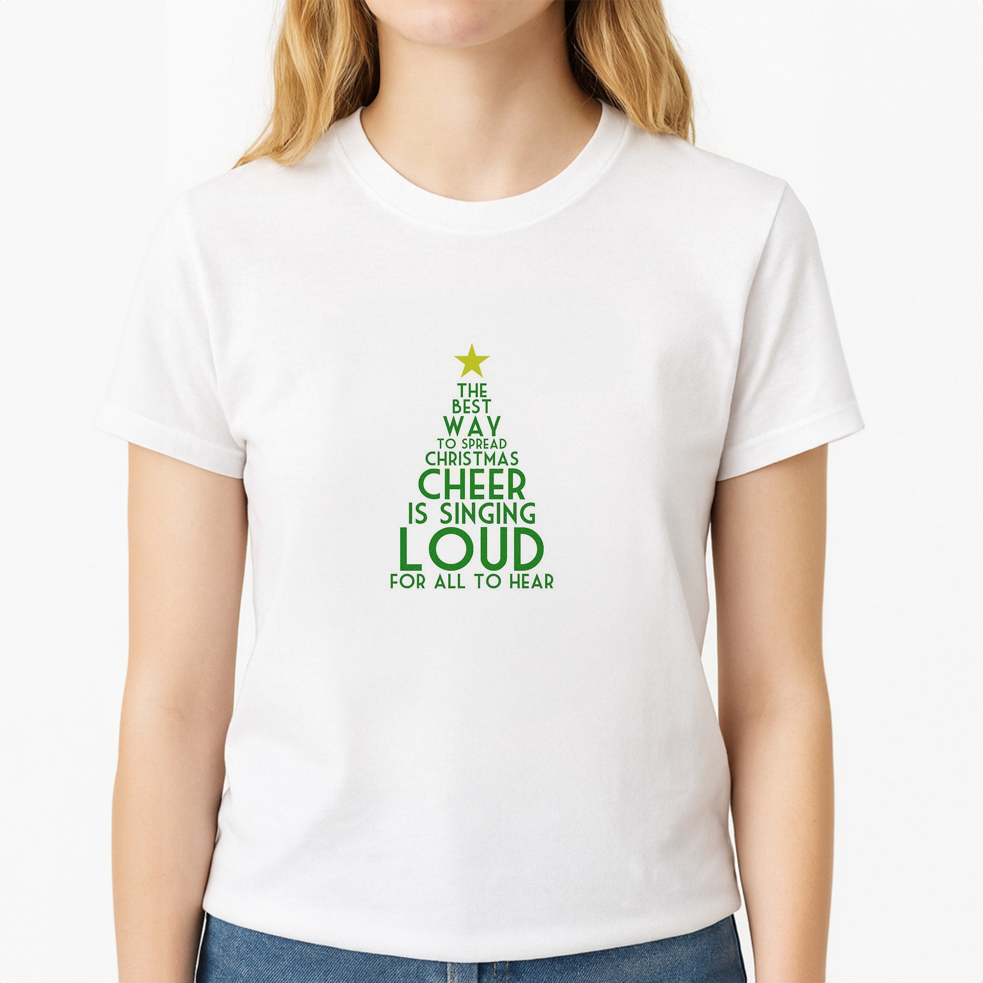 The Best Way To Spread Christmas Cheer - Elf Unisex T-Shirt, worn by a female model
