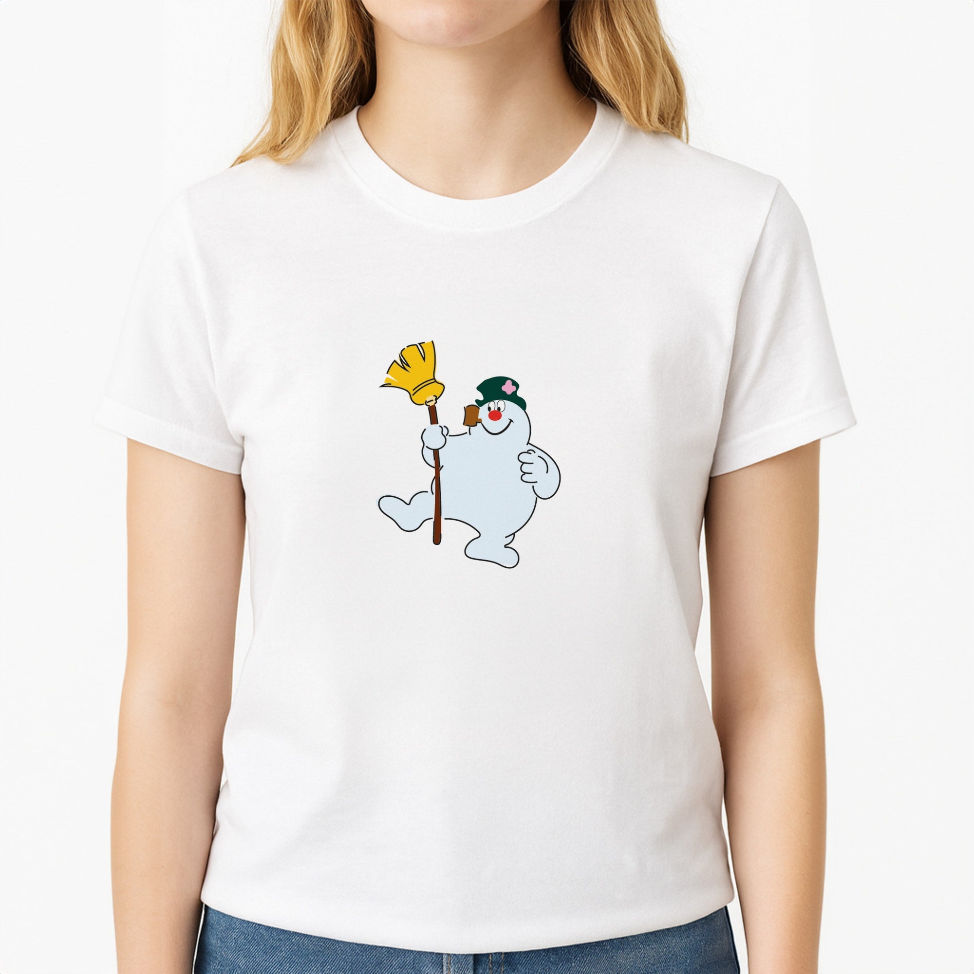 Broom - Snowman Unisex T-Shirt, worn by a female model