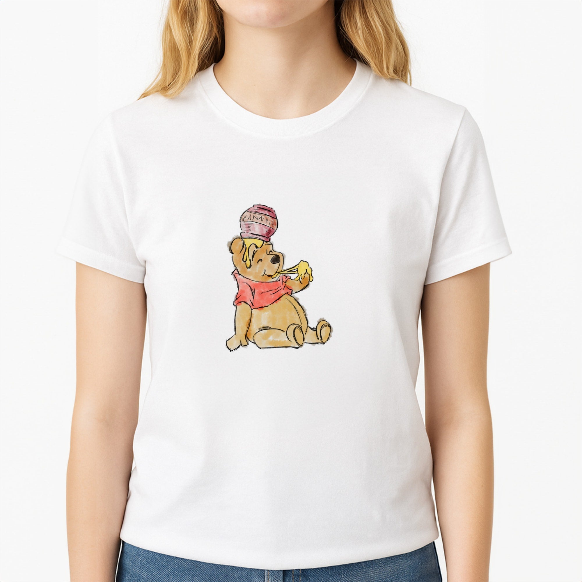 Winnie Sketch Unisex T-Shirt, worn by a female model