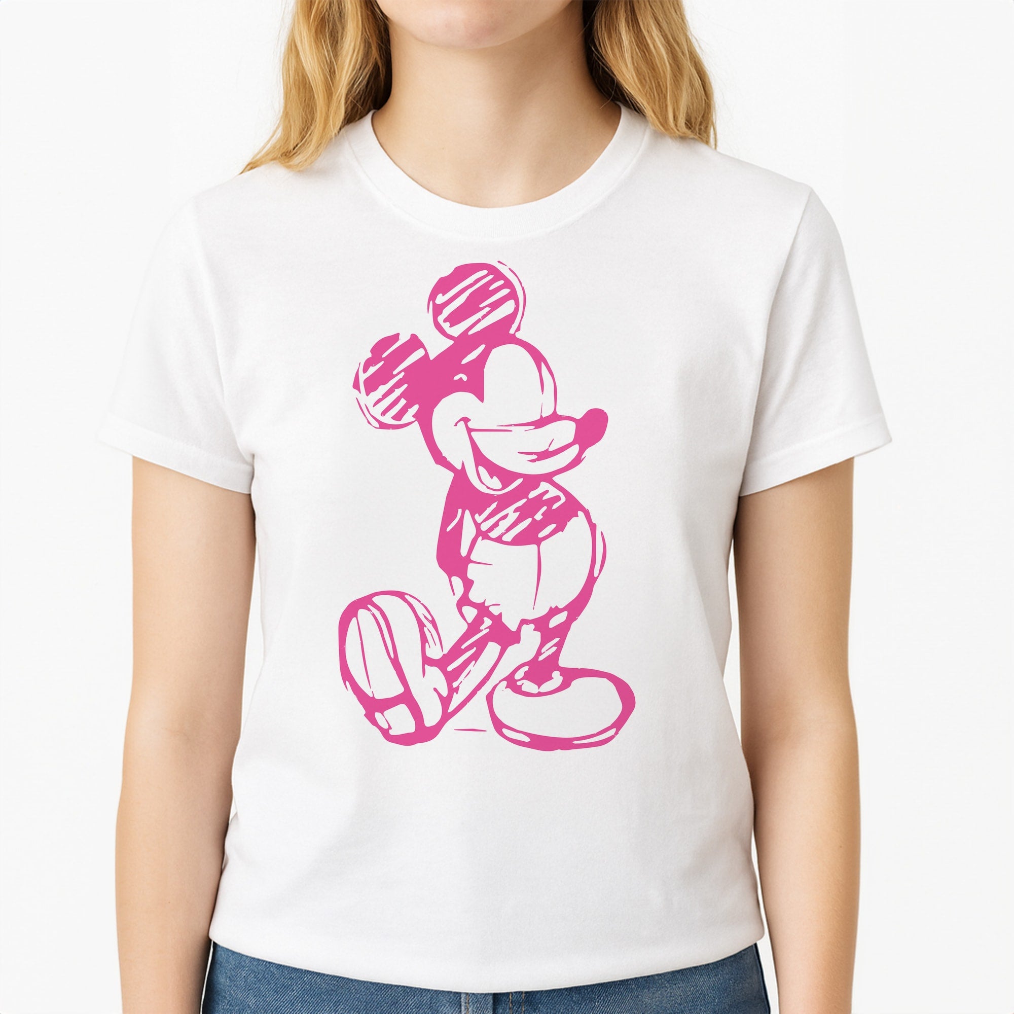 Sketched Mouse Outline Pink Unisex T-Shirt, worn by a female model