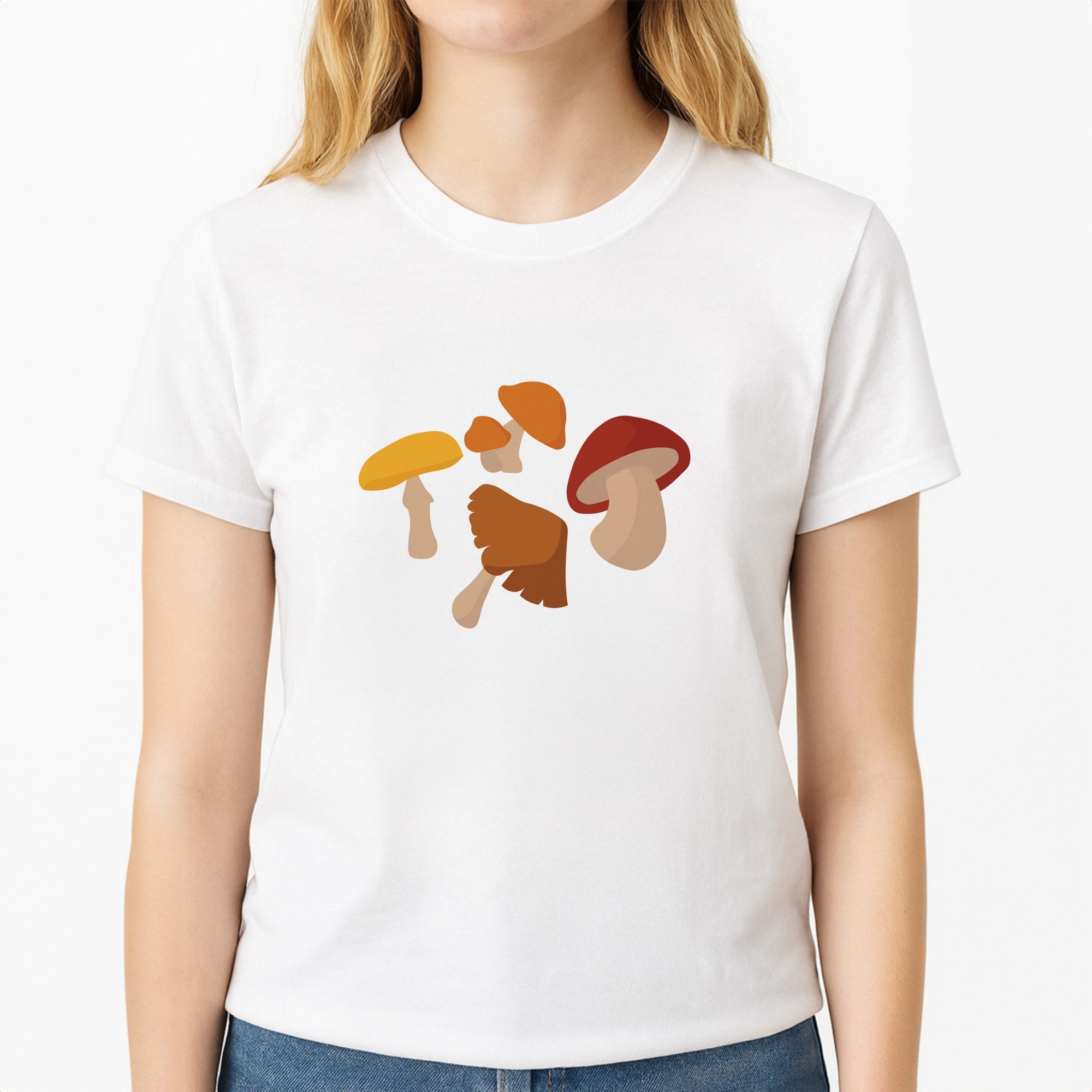 Mushroom Pattern - Autumn Unisex T-Shirt, worn by a female model