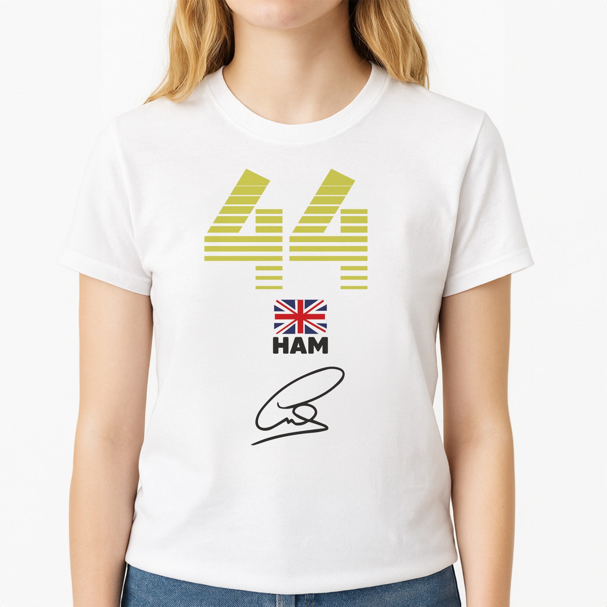 Lewis Hamilton - F1 Unisex T-Shirt, worn by a female model