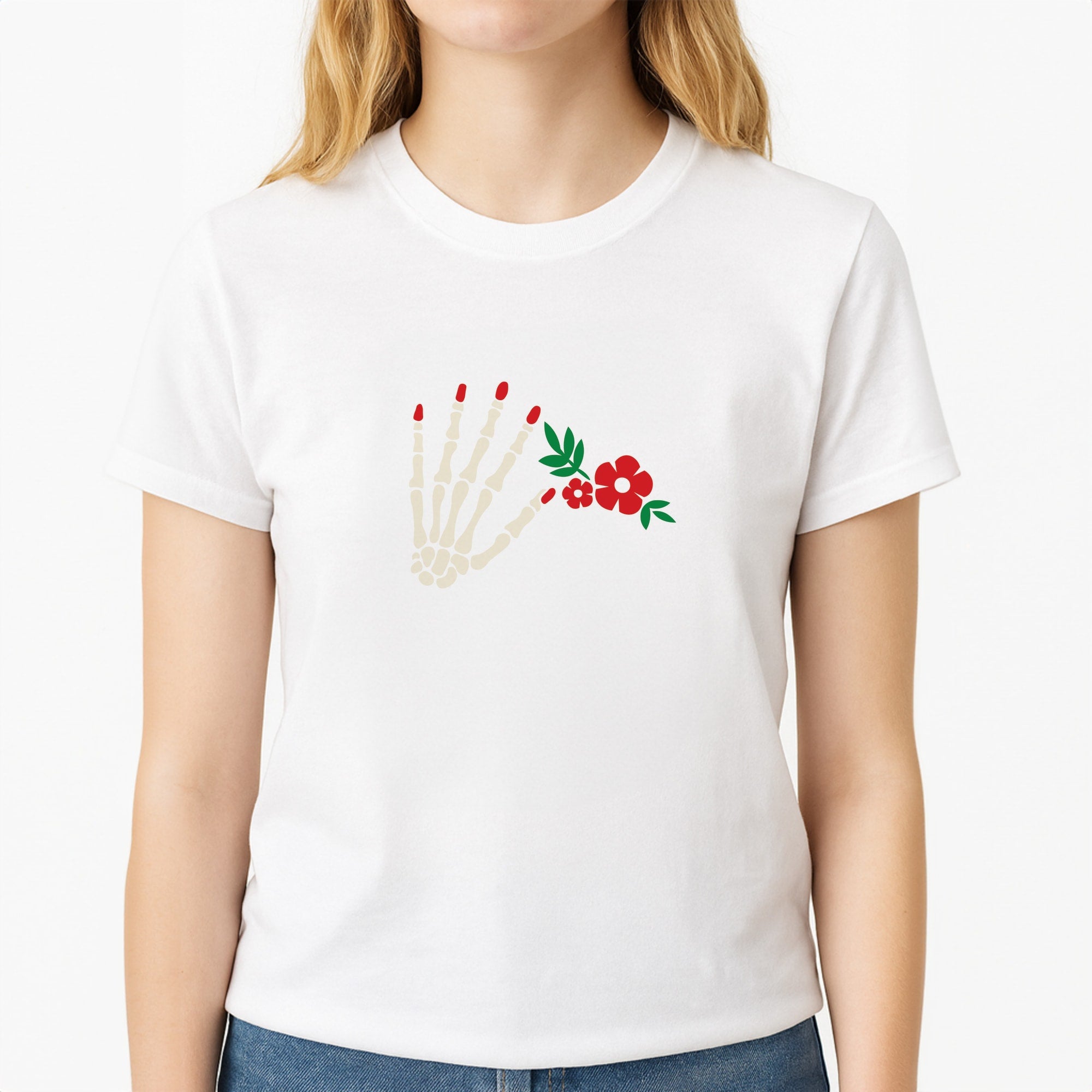 Halloween Pattern 15 Unisex T-Shirt, worn by a female model