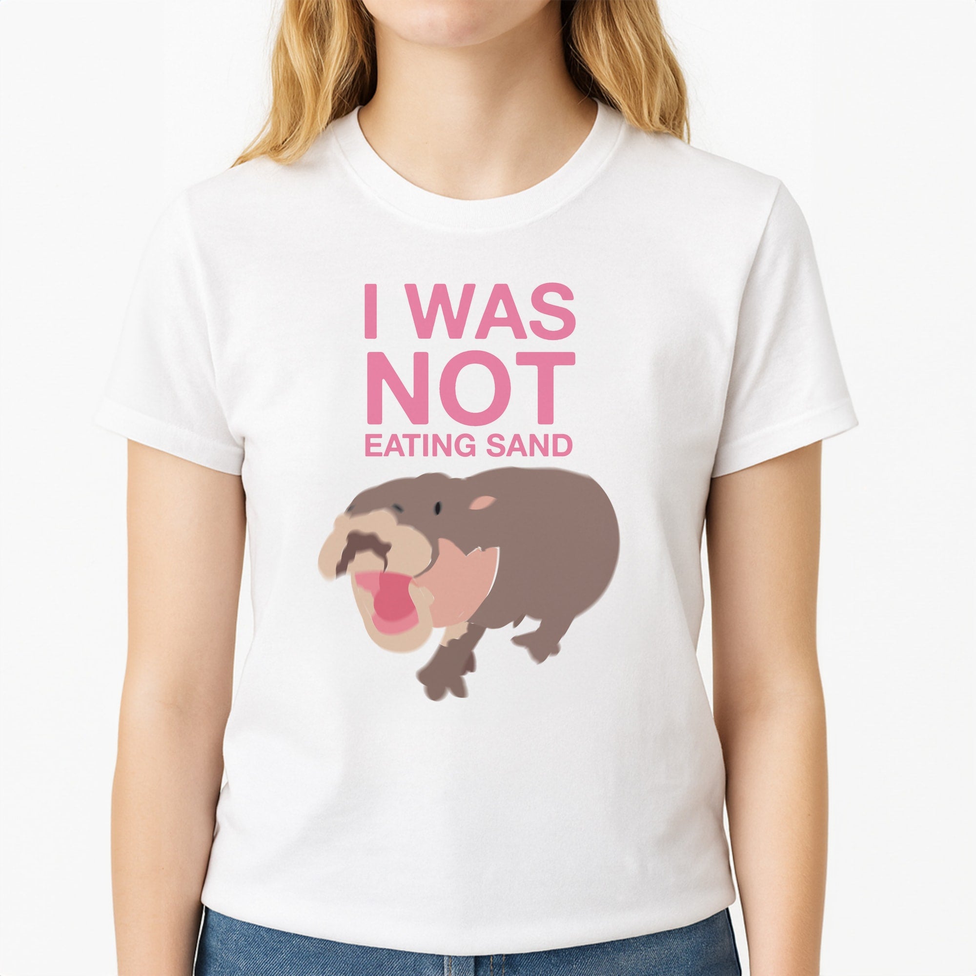 I Was Not Eating Sand Unisex T-Shirt, worn by a female model
