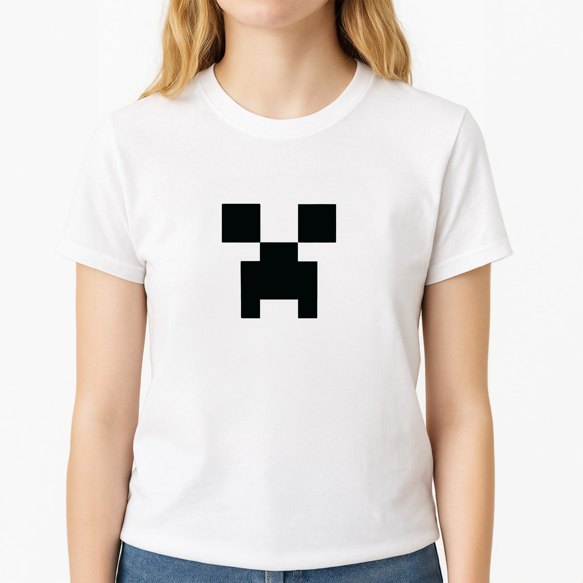 Creeper Face - Mining Unisex T-Shirt, worn by a female model