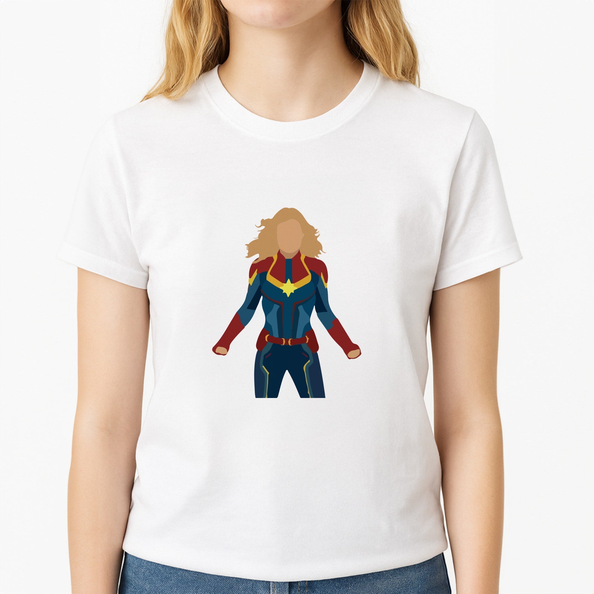 Captain Marvel Unisex T-Shirt, worn by a female model