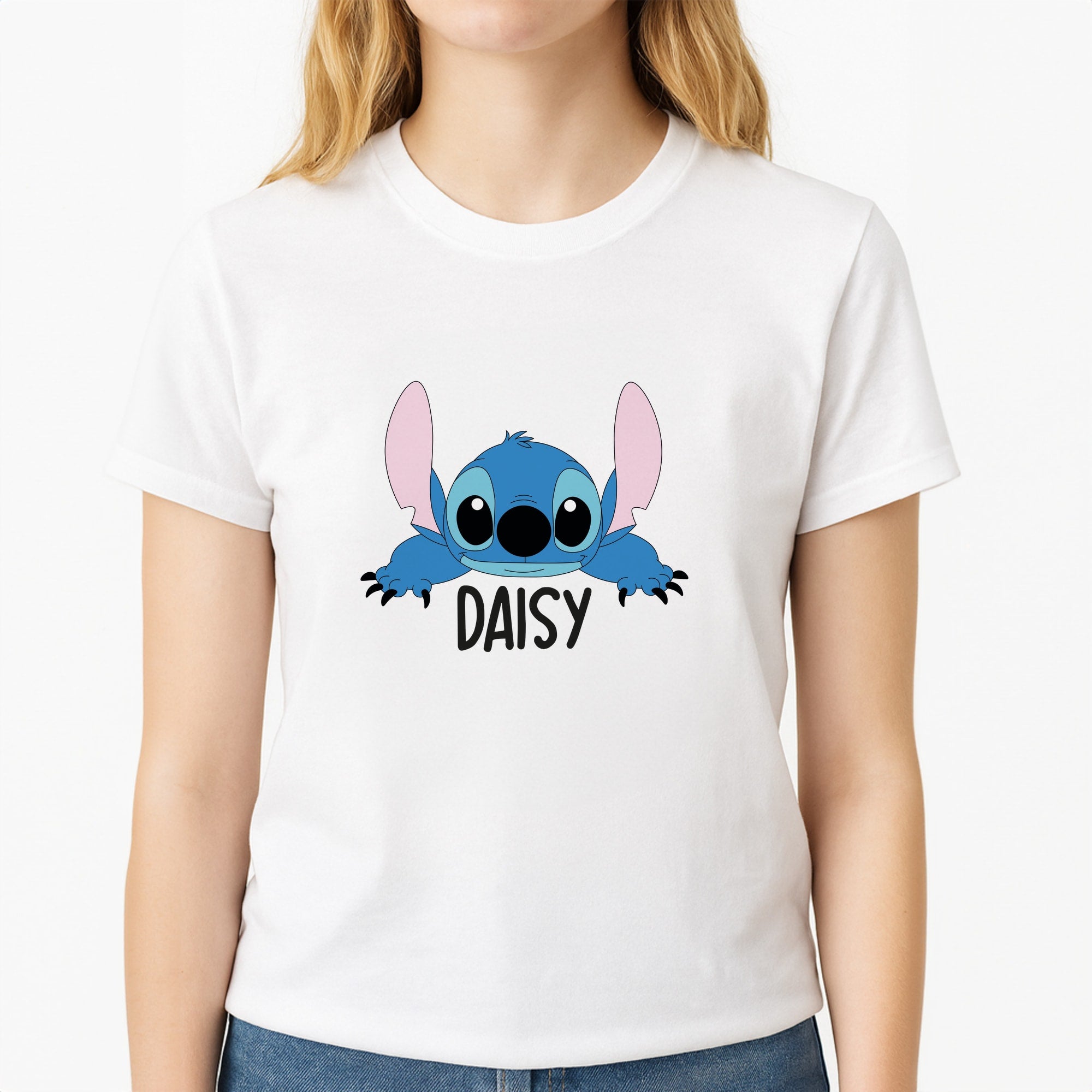 Blue Alien - Personalised Disney Unisex T-Shirt, worn by a female model