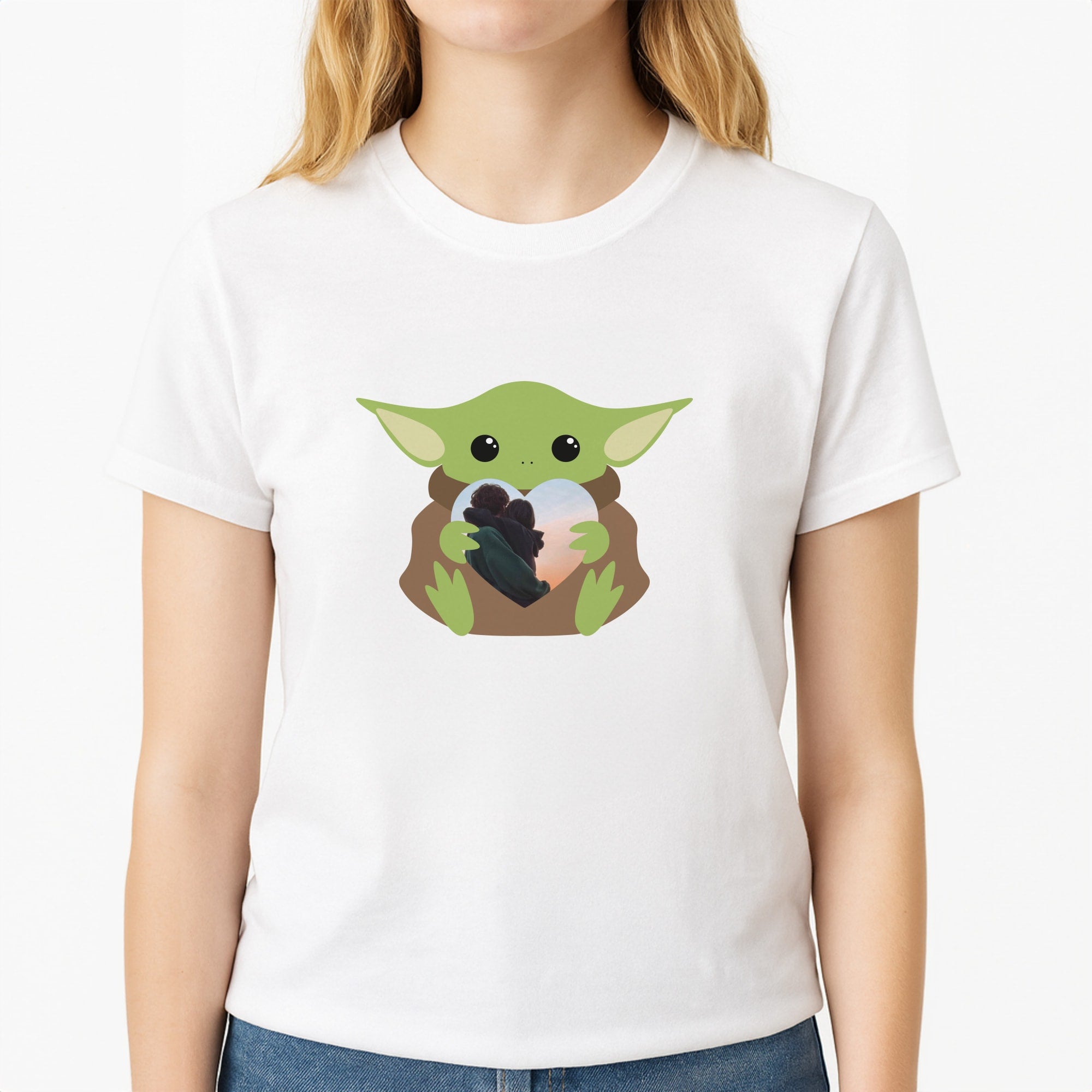 Baby Yoda - Personalised Couples Unisex T-Shirt, worn by a female model
