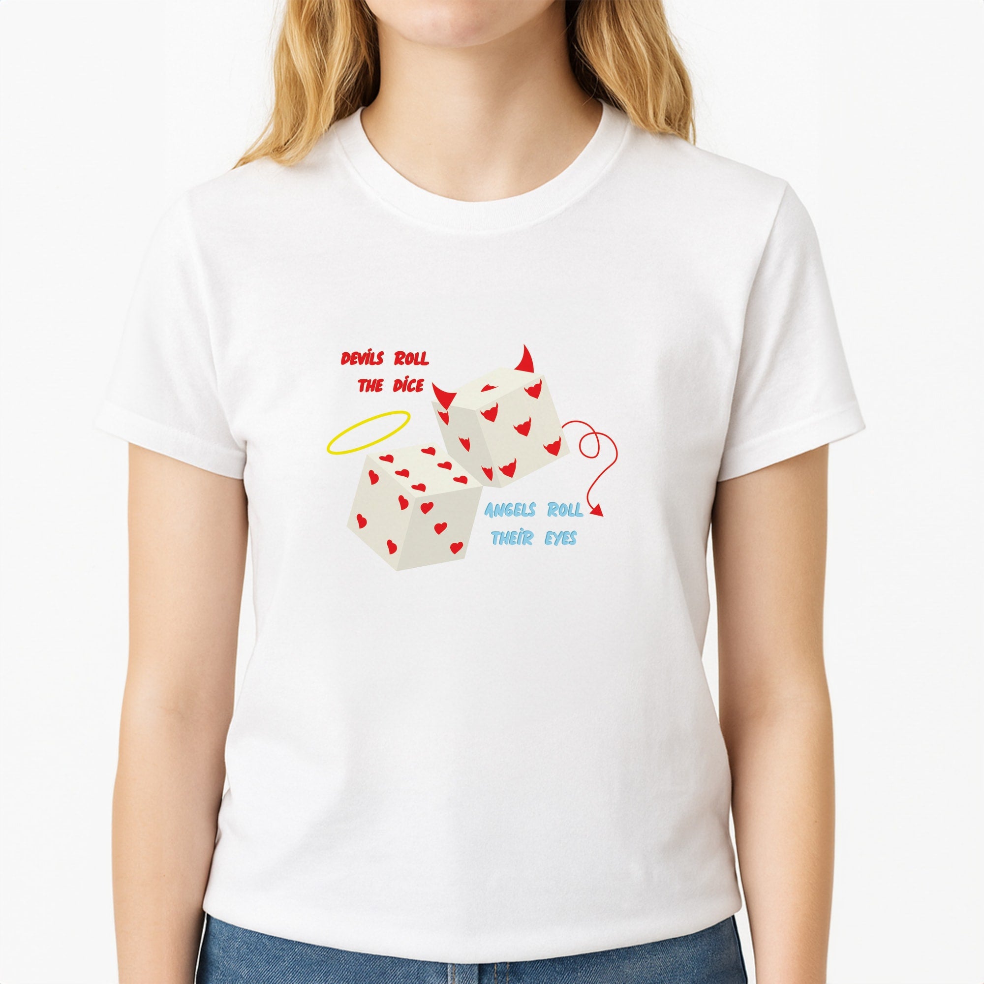 Devils Roll The Dice - Taylor Unisex T-Shirt, worn by a female model