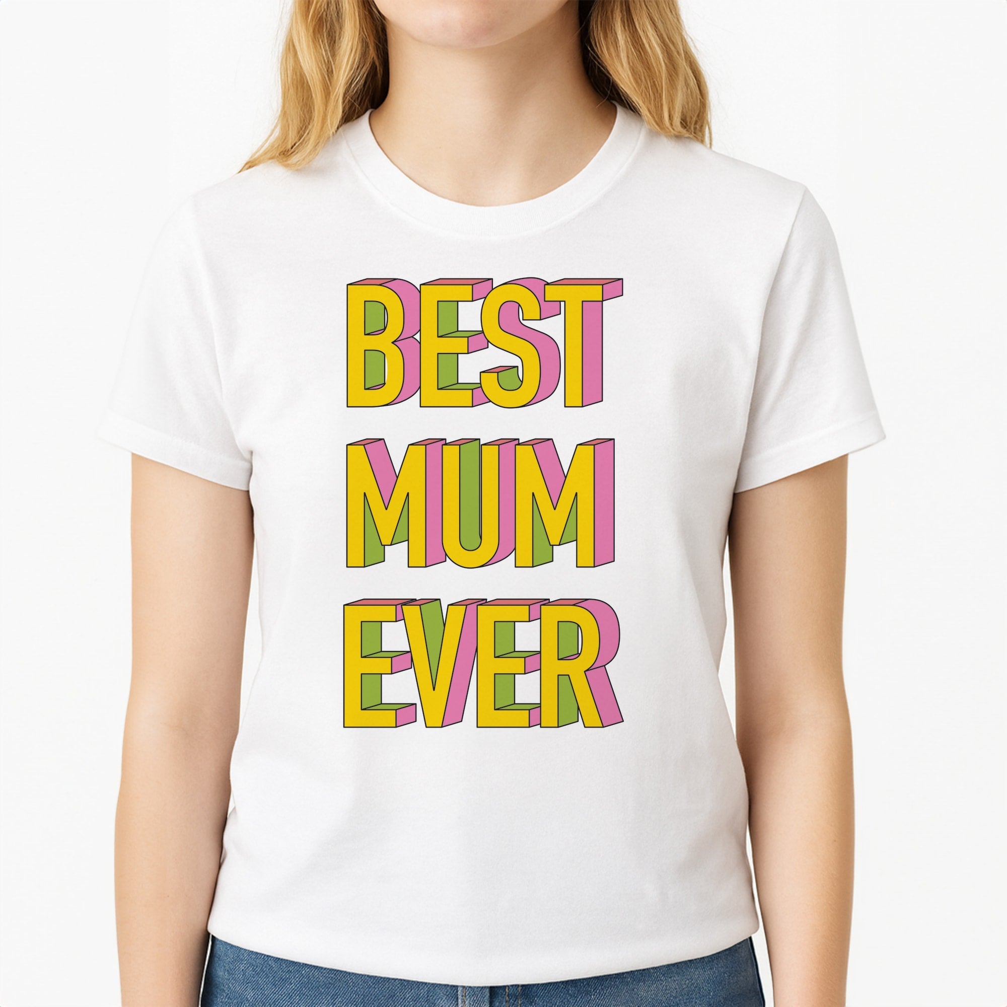 Geometric Best Mum Ever Unisex T-Shirt, worn by a female model