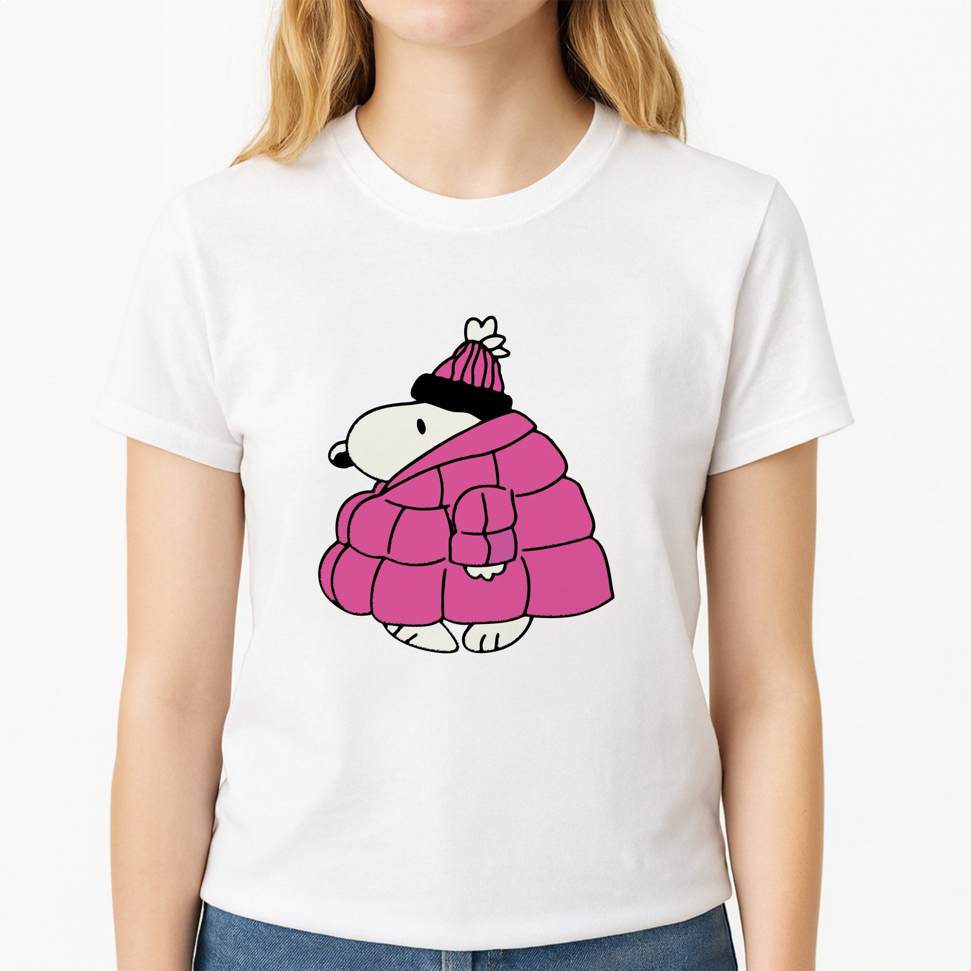 Cartoon Beagle Puffer Jacket Pink Unisex T-Shirt, worn by a female model