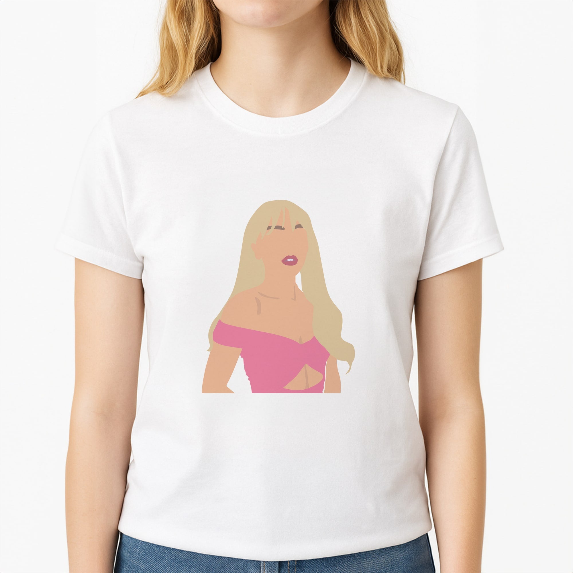 Pink Dress Unisex T-Shirt, worn by a female model