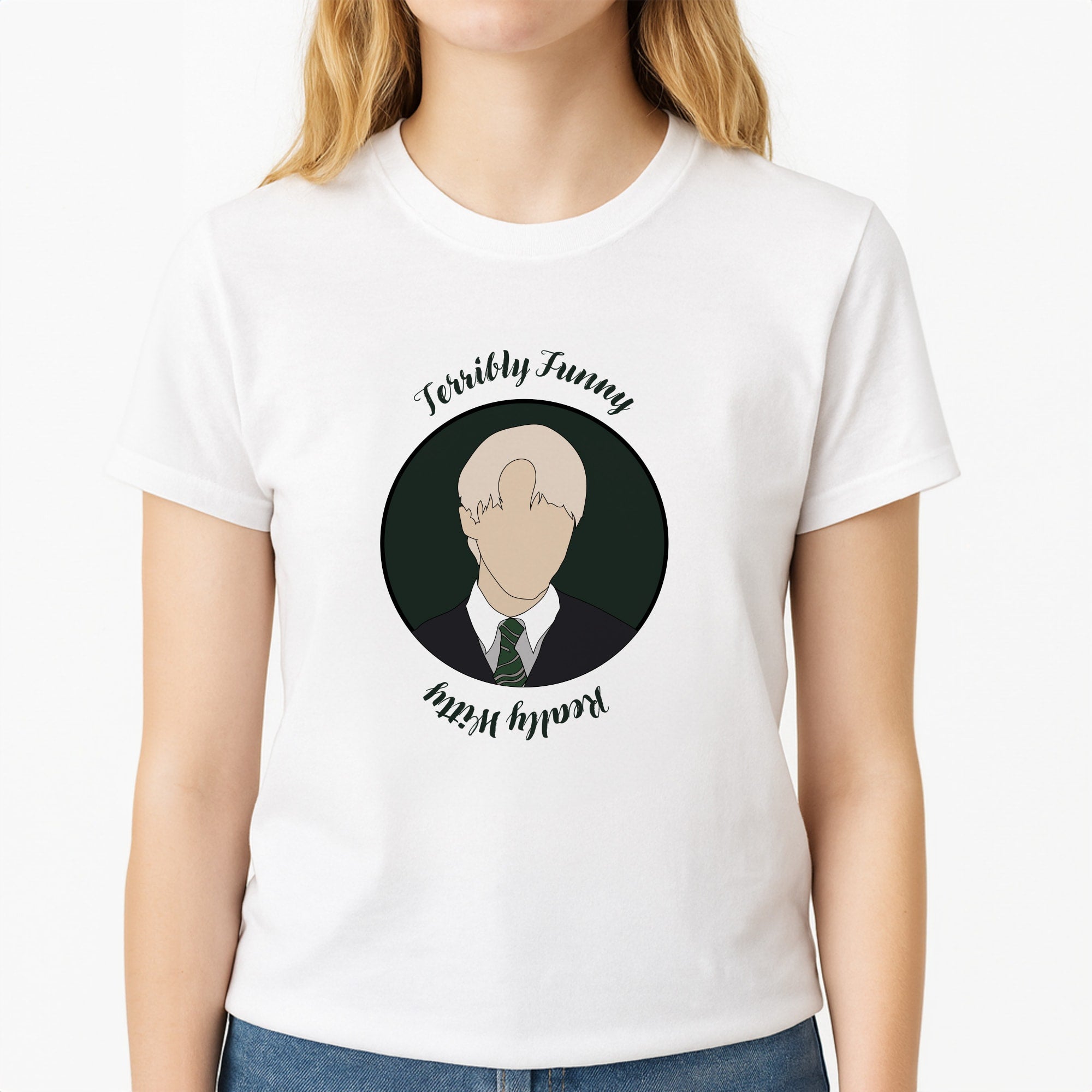 Terribly Funny, Really Witty Draco Malfoy Unisex T-Shirt, worn by a female model