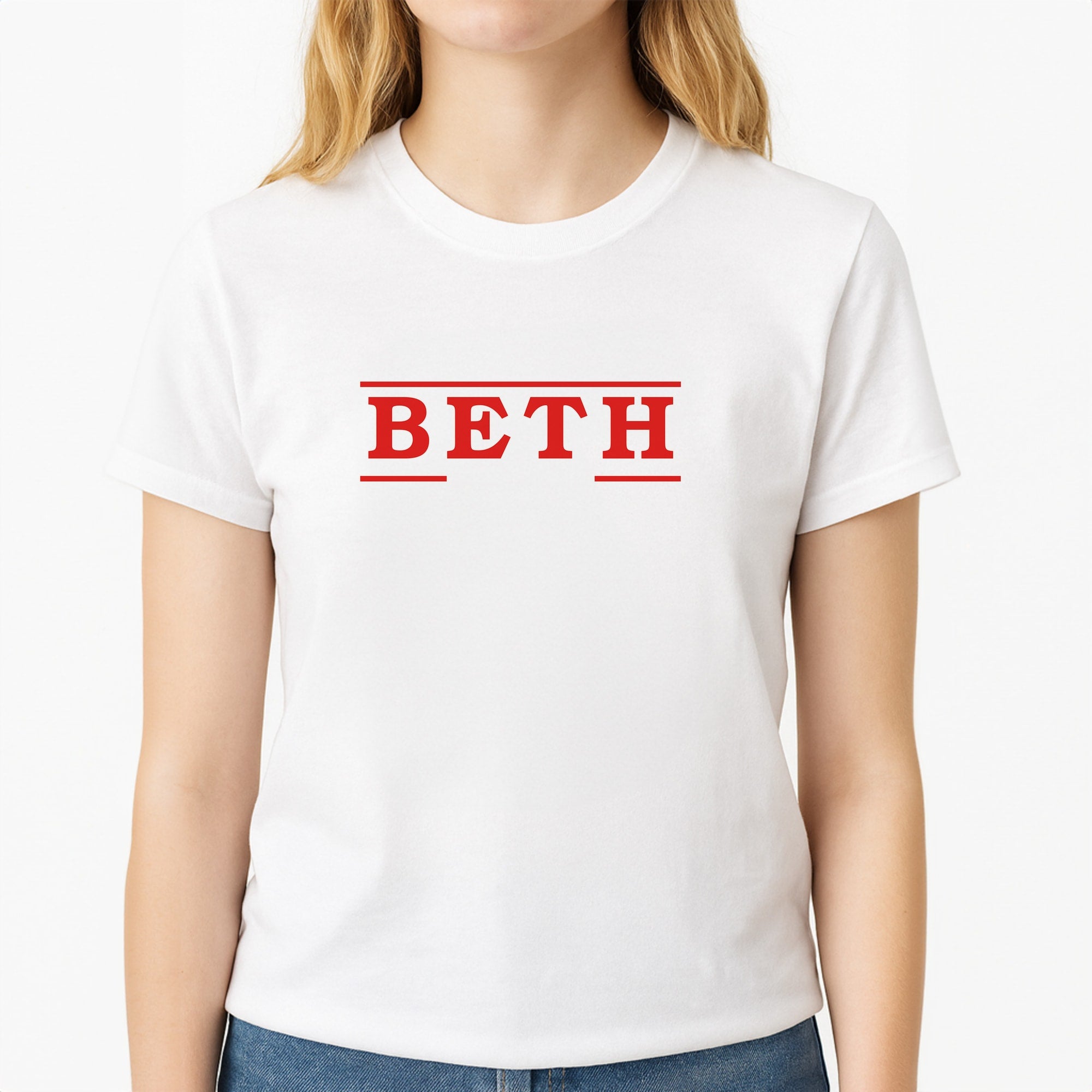 Title - Personalised Stranger Unisex T-Shirt, worn by a female model