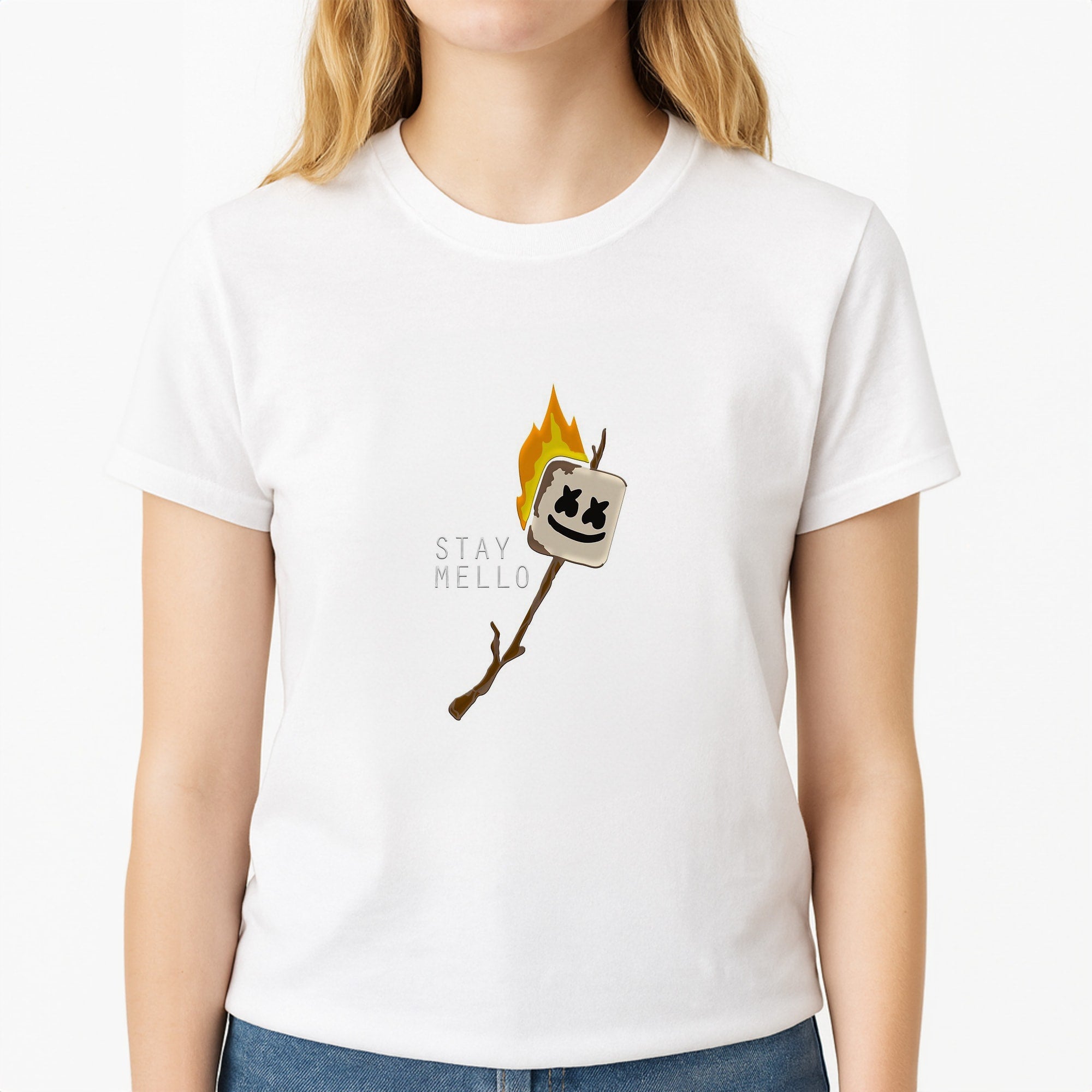 Stay Mello White Helmet DJw - White Helmet DJ Unisex T-Shirt, worn by a female model