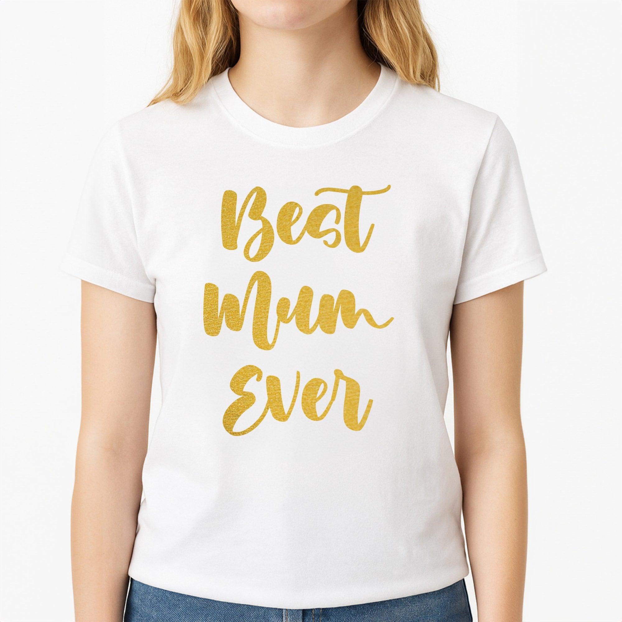 Golden Best Mum Ever Unisex T-Shirt, worn by a female model