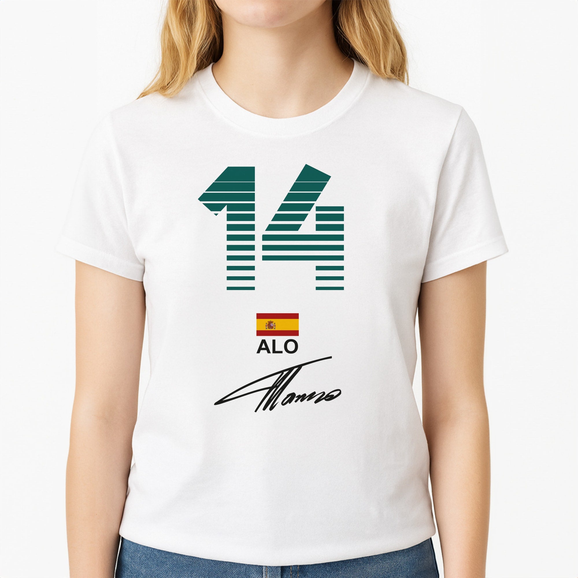 Alonso - F1 Unisex T-Shirt, worn by a female model
