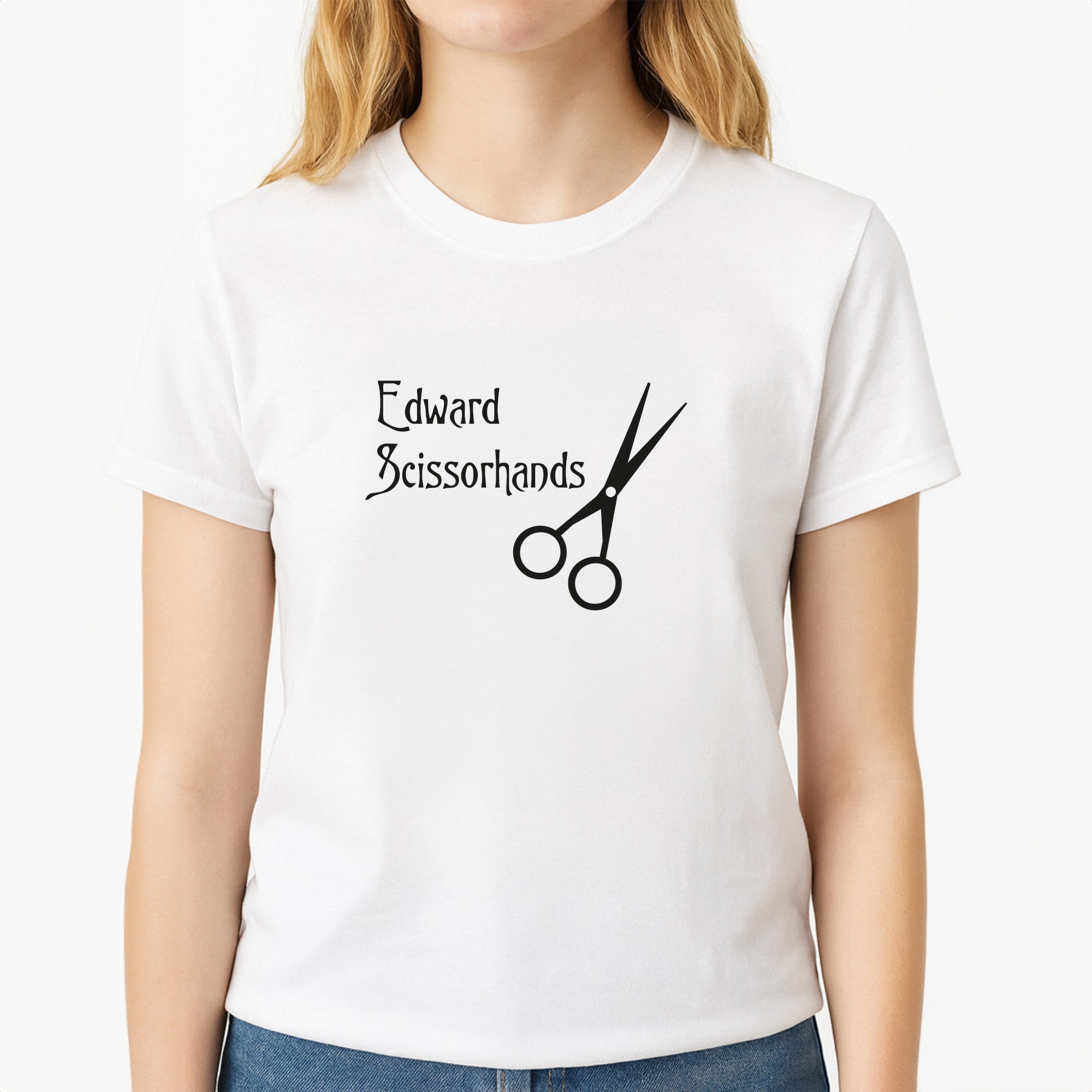 Name - Scissorhands Unisex T-Shirt, worn by a female model