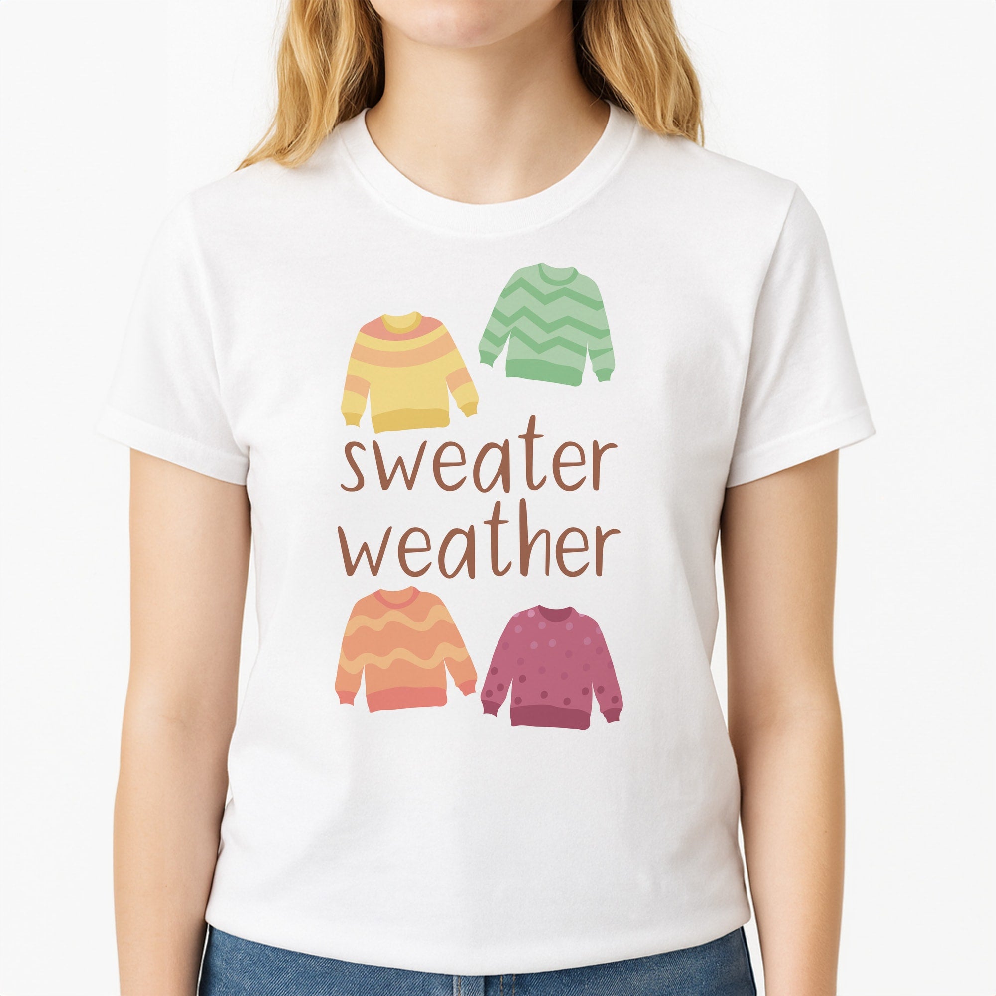 Sweater Weather - Autumn Unisex T-Shirt, worn by a female model