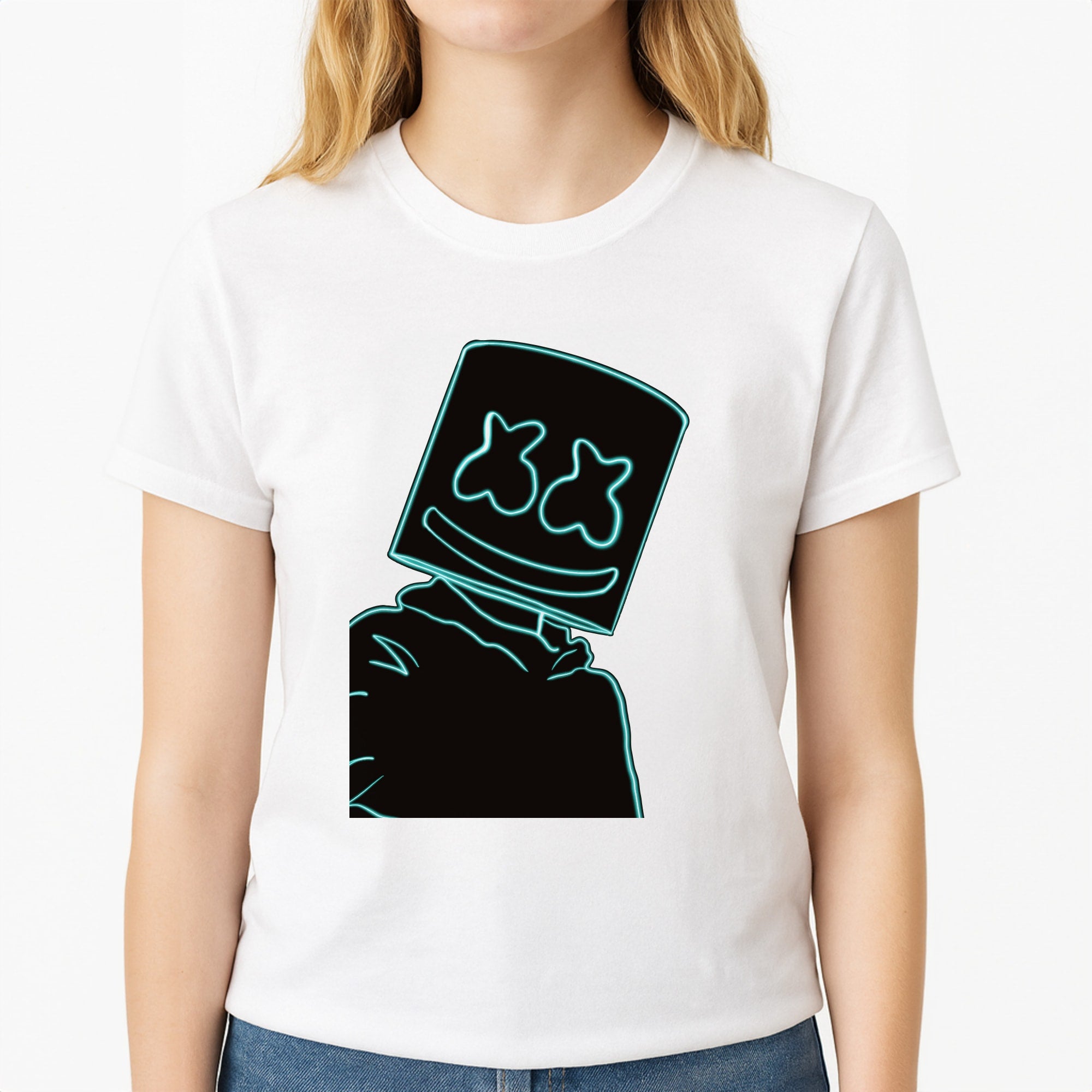 Black White Helmet DJ Neon Unisex T-Shirt, worn by a female model