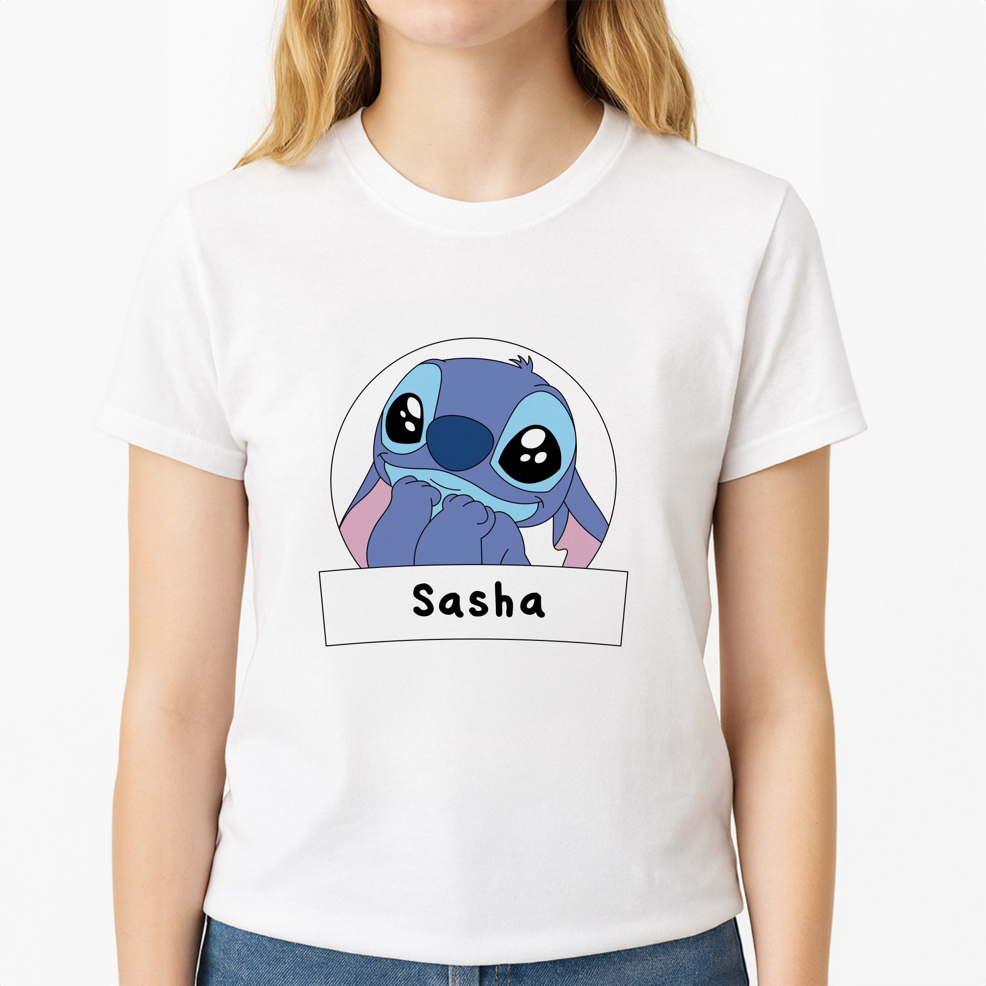 Personalised Cute Blue Alien Unisex T-Shirt, worn by a female model