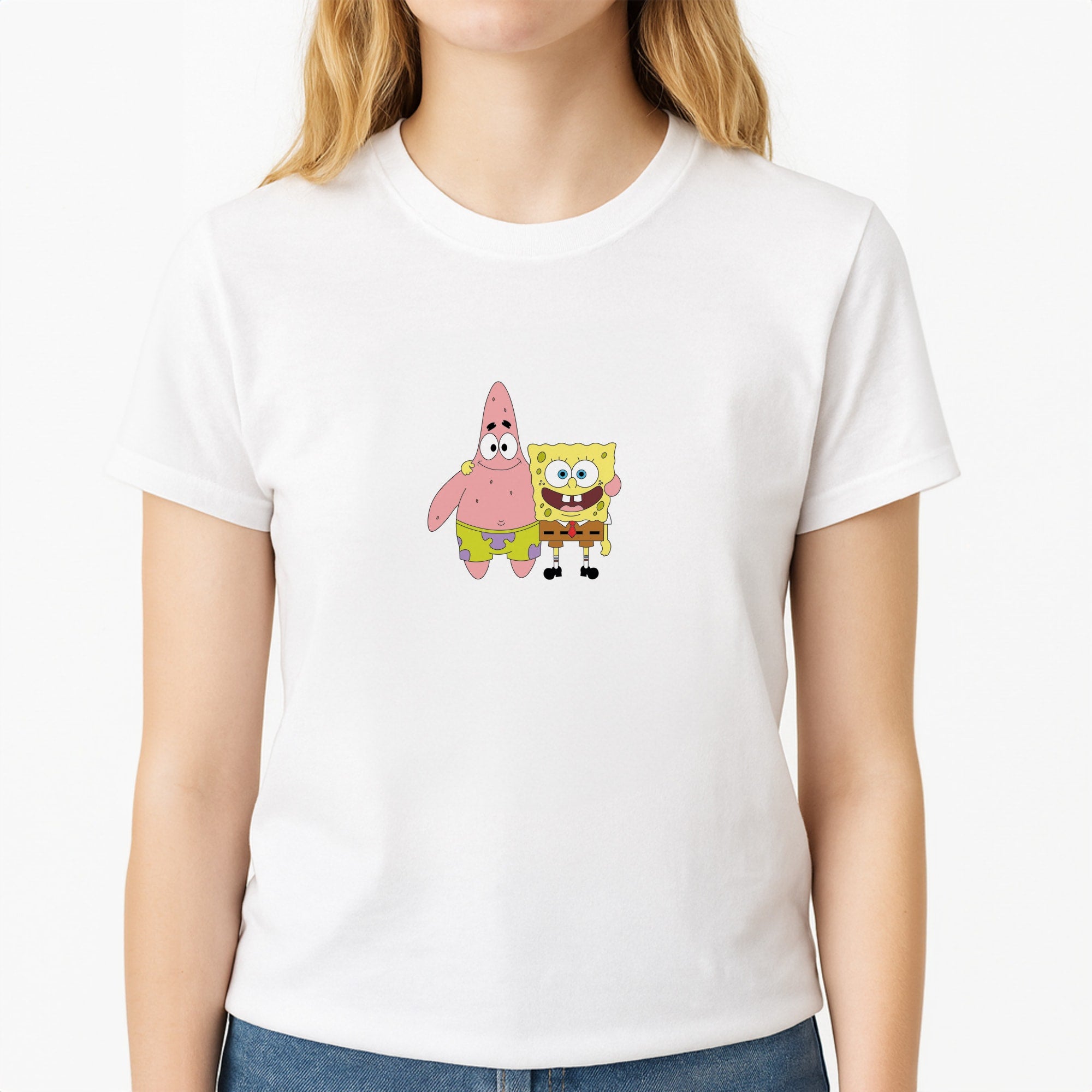 Patrick And Sponge Unisex T-Shirt, worn by a female model