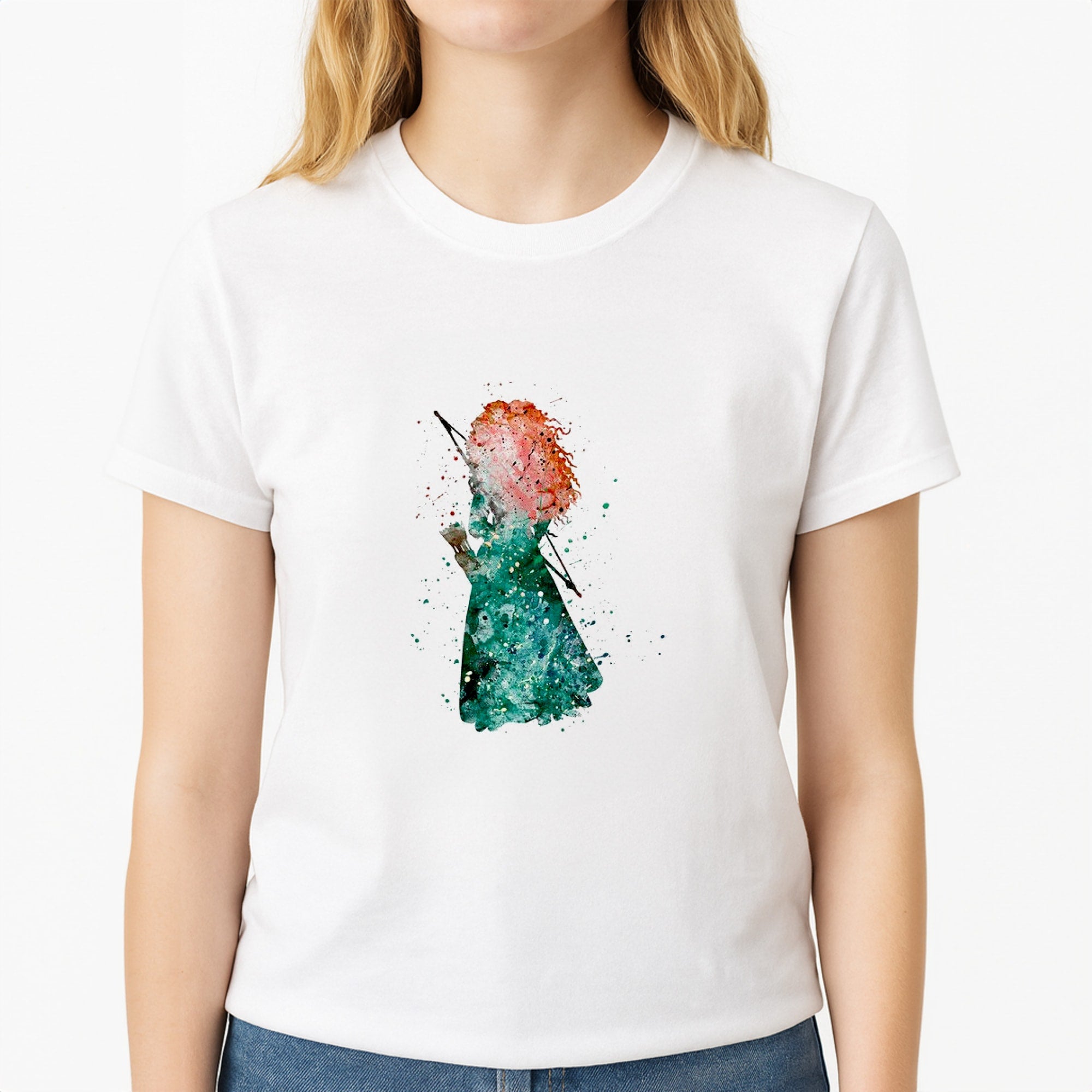 Watercolour Princess Merida Brave Fairytale Unisex T-Shirt, worn by a female model