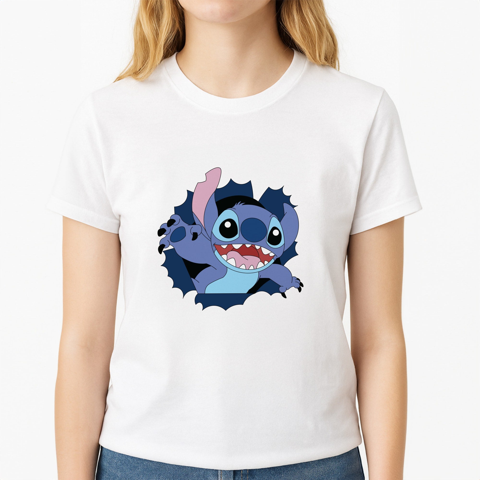 Torn Blue Alien Unisex T-Shirt, worn by a female model