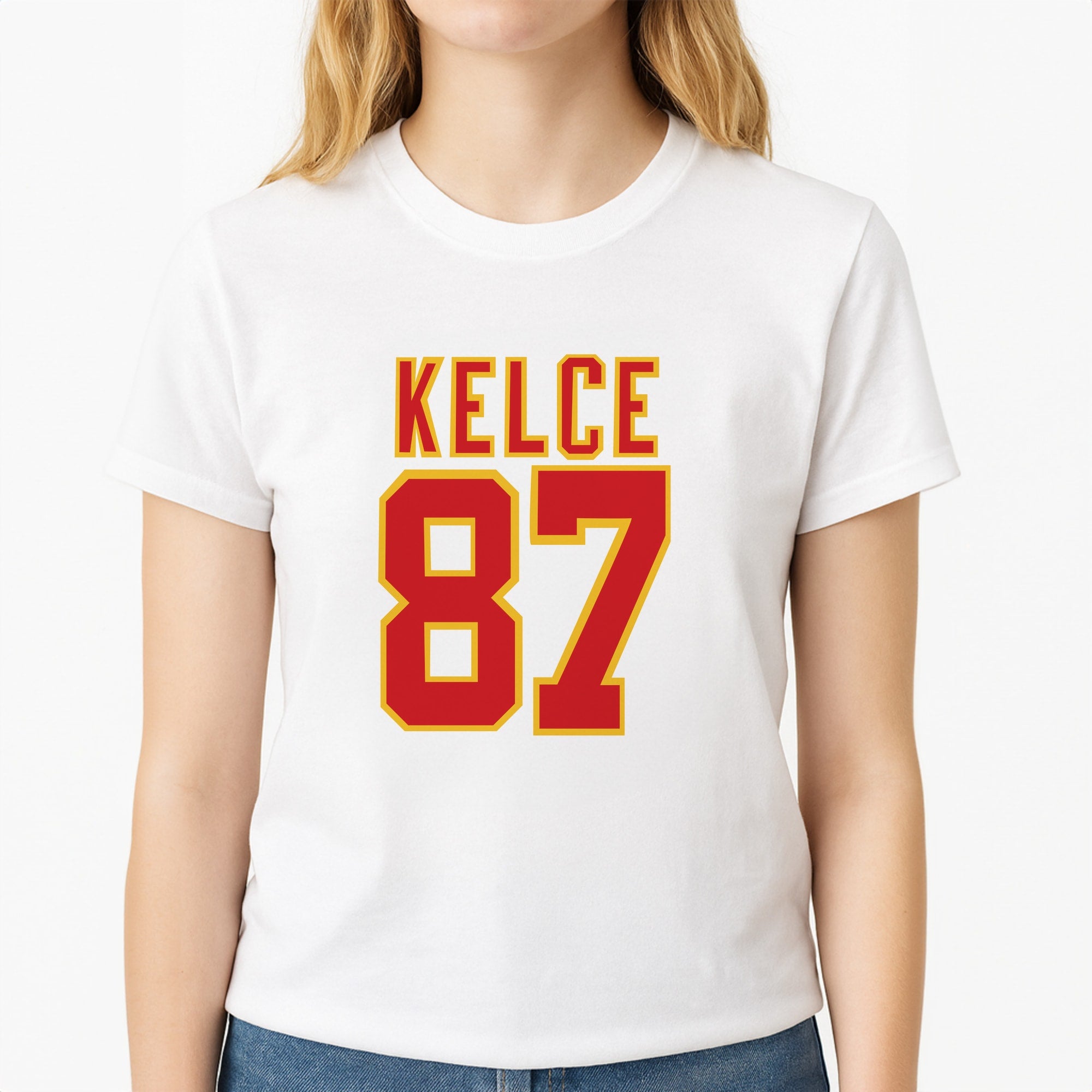 Kelce 87 - Travis Unisex T-Shirt, worn by a female model