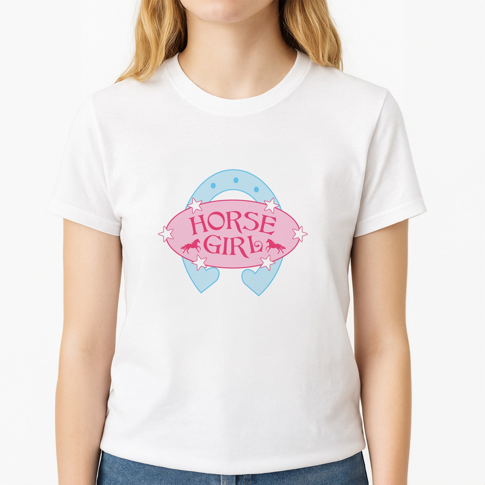 Horse Girl - Horses Unisex T-Shirt, worn by a female model