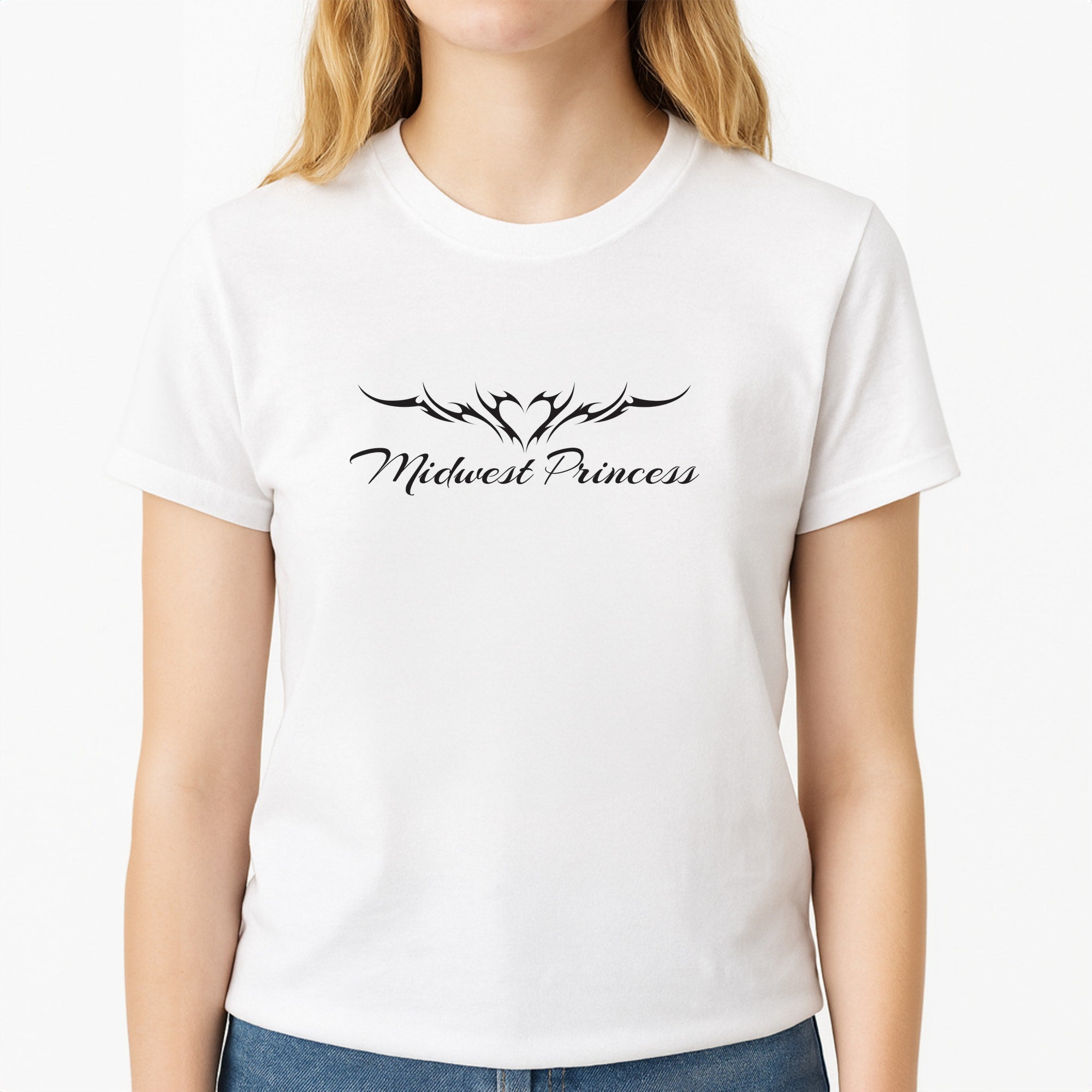 Midwest Princess Tattoo Unisex T-Shirt, worn by a female model