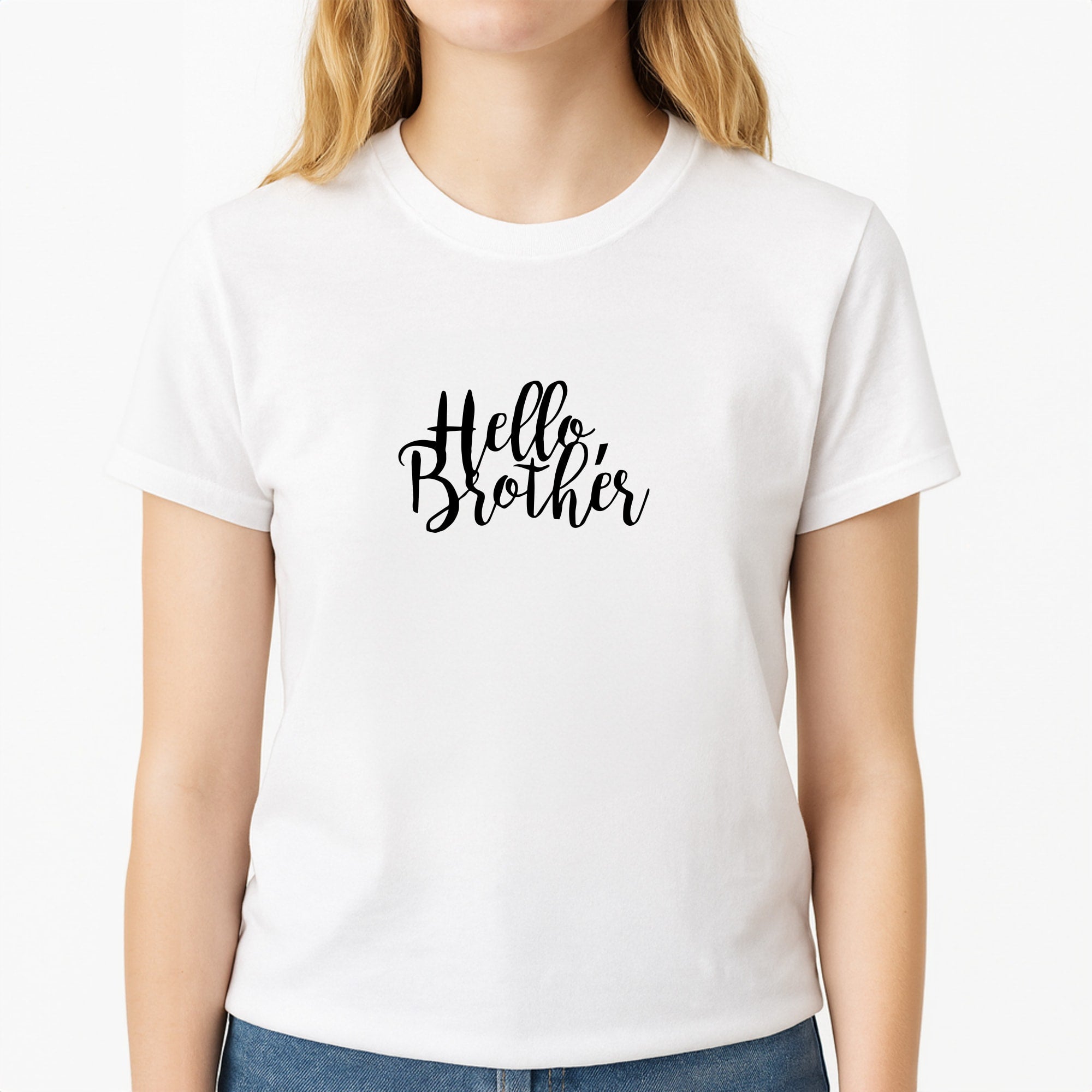 Hello Brother - VD Unisex T-Shirt, worn by a female model