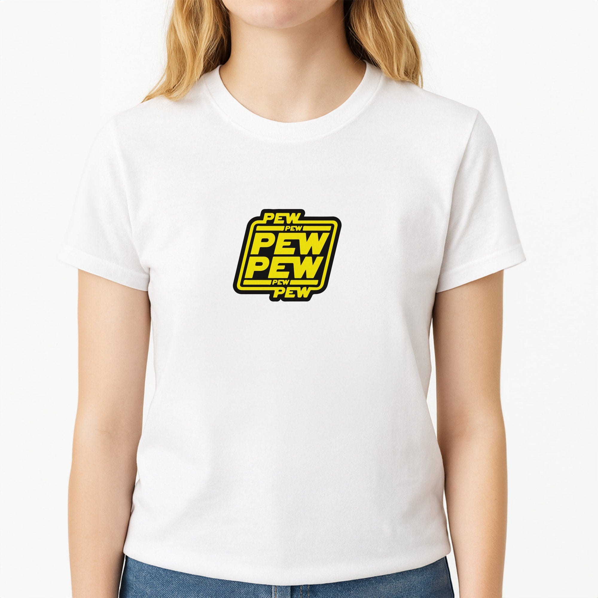 Pew Pew Unisex T-Shirt, worn by a female model