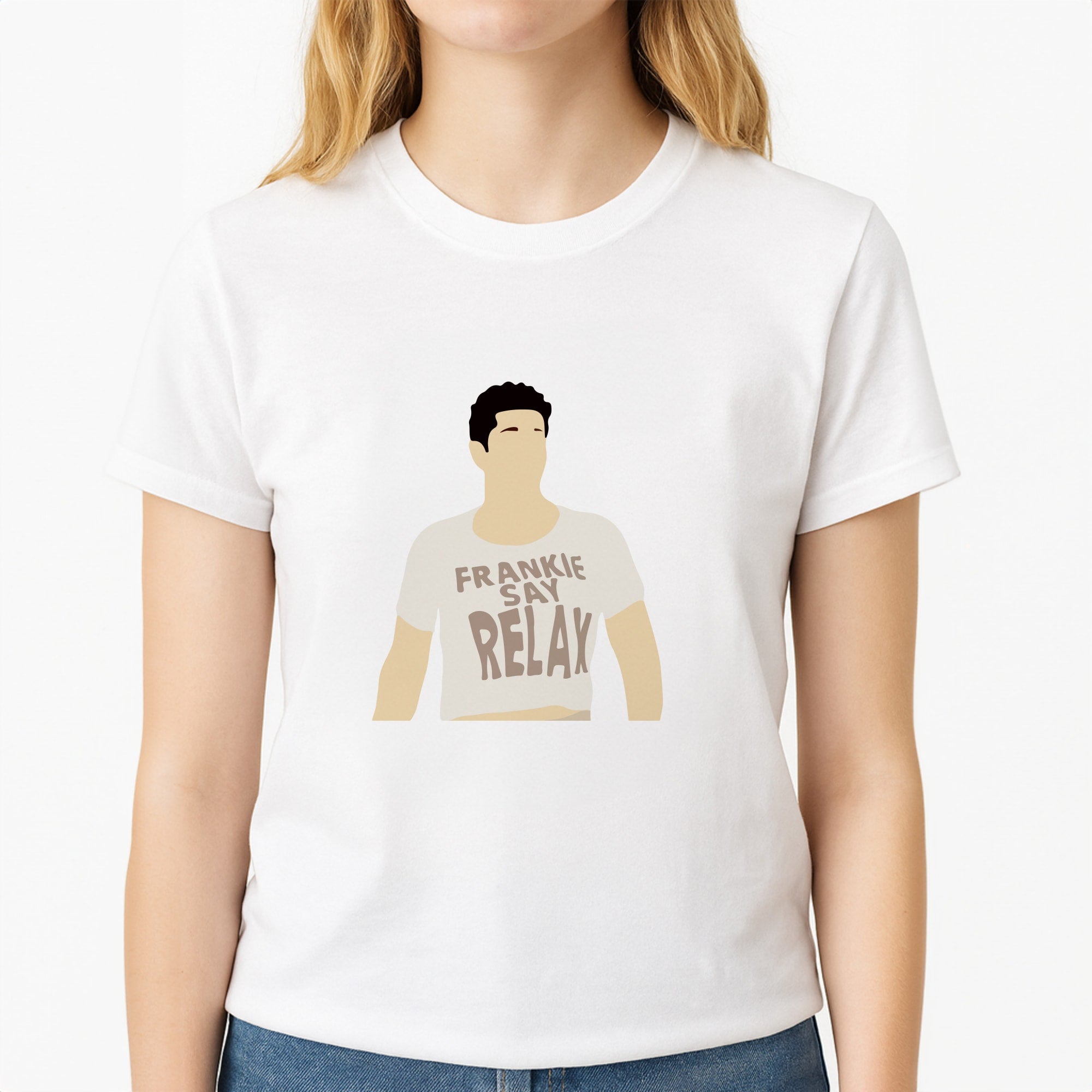 Frankie Say Relax Unisex T-Shirt, worn by a female model