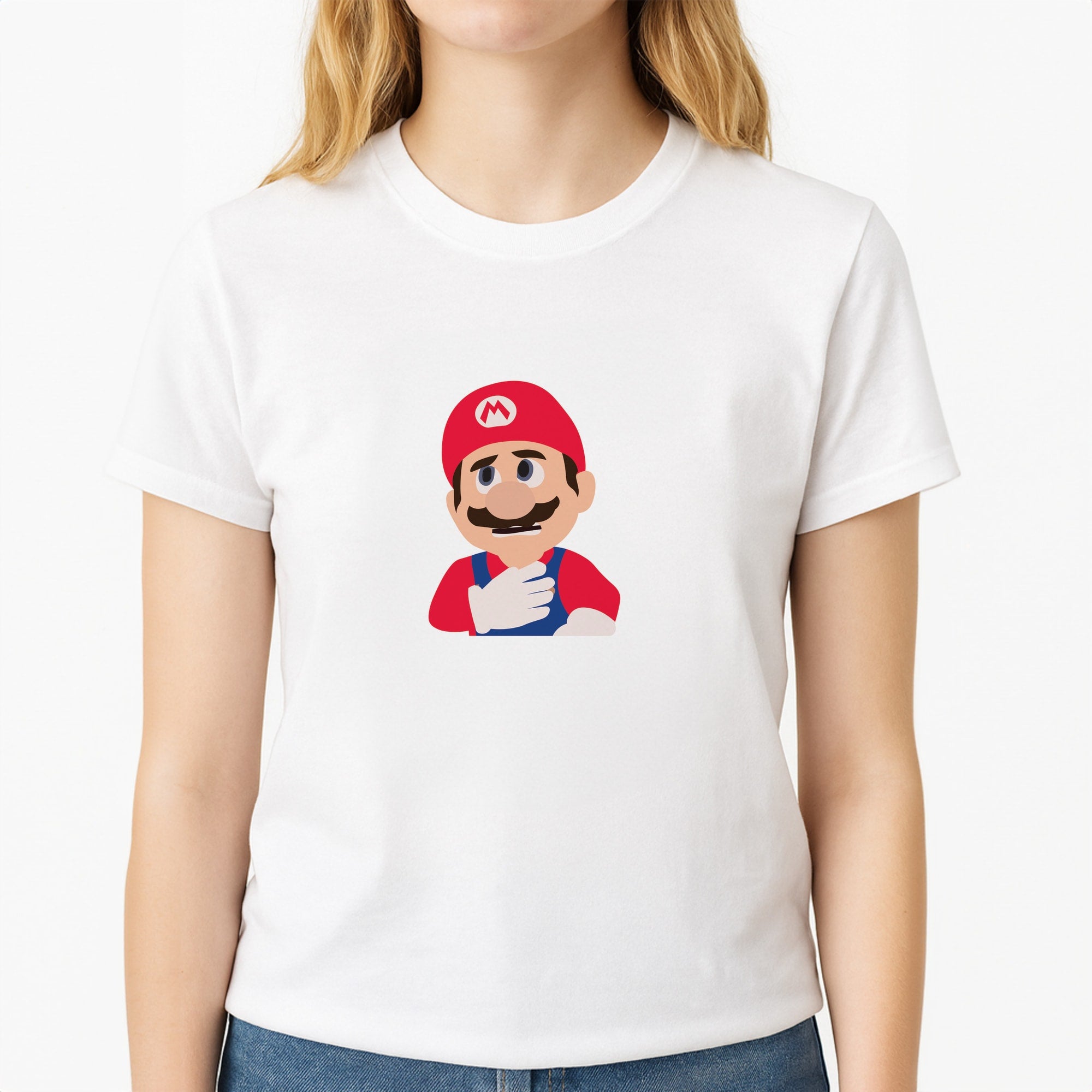 Worried Mario Unisex T-Shirt, worn by a female model