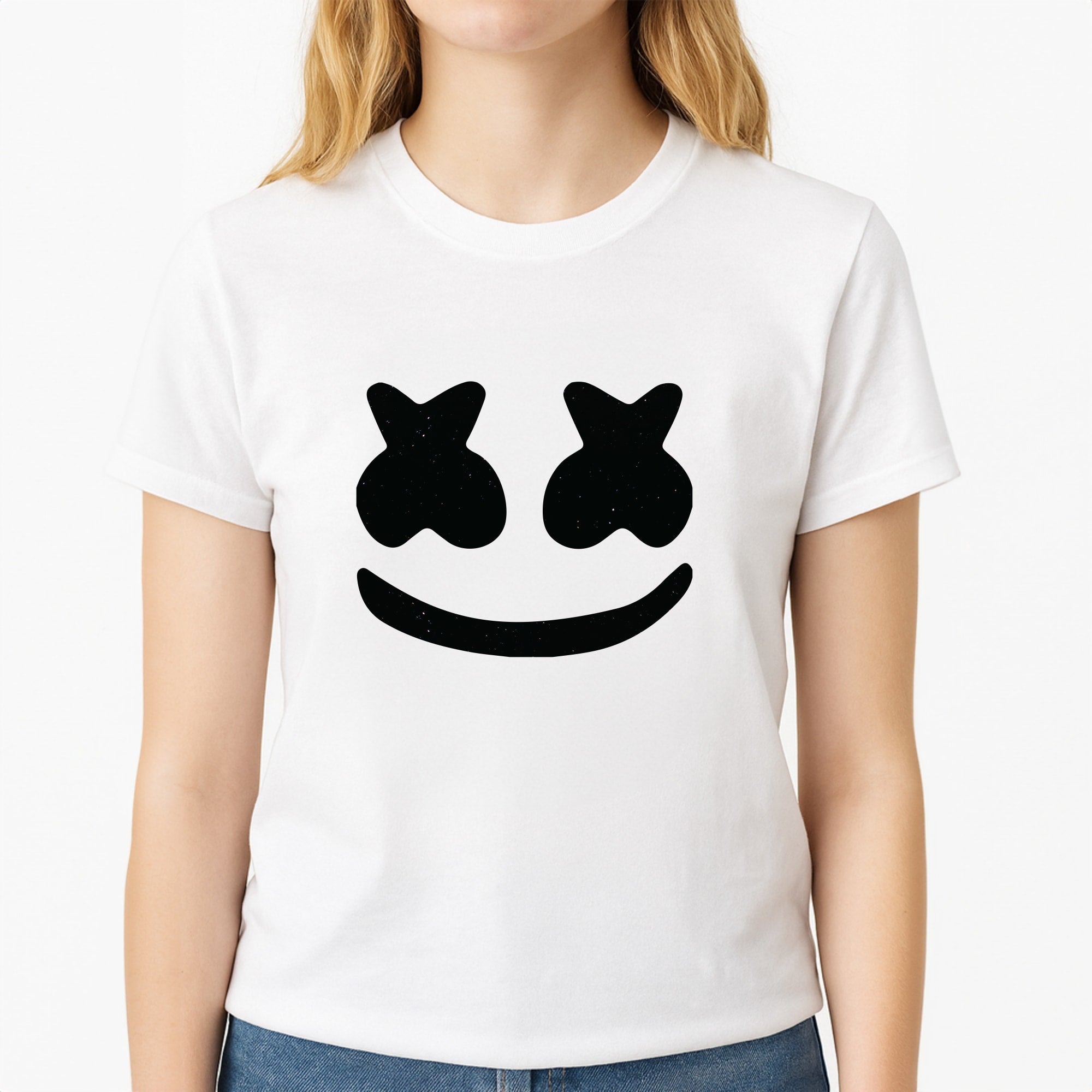Black And White Helmet In Space Unisex T-Shirt, worn by a female model