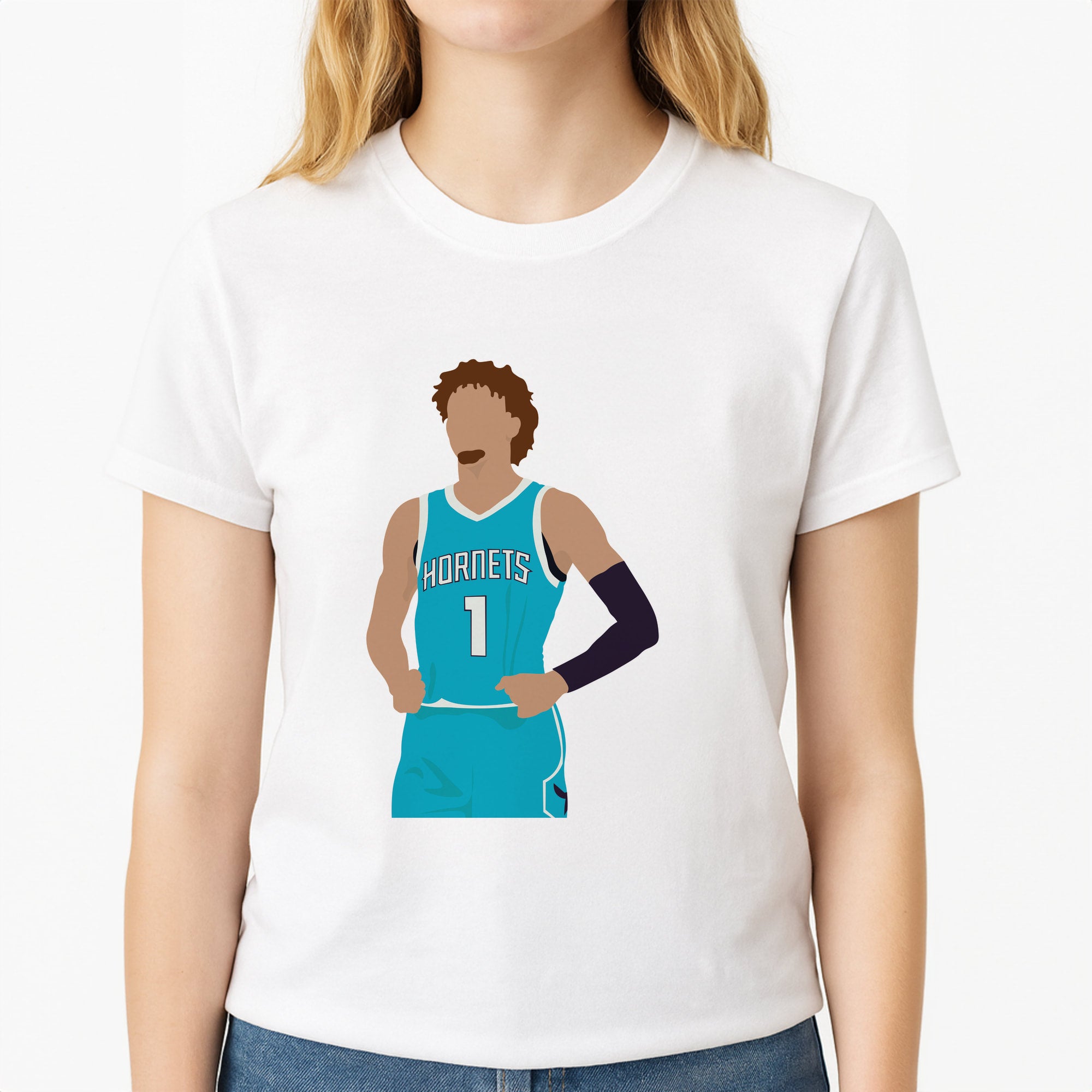 Lamelo - Basketball Unisex T-Shirt, worn by a female model
