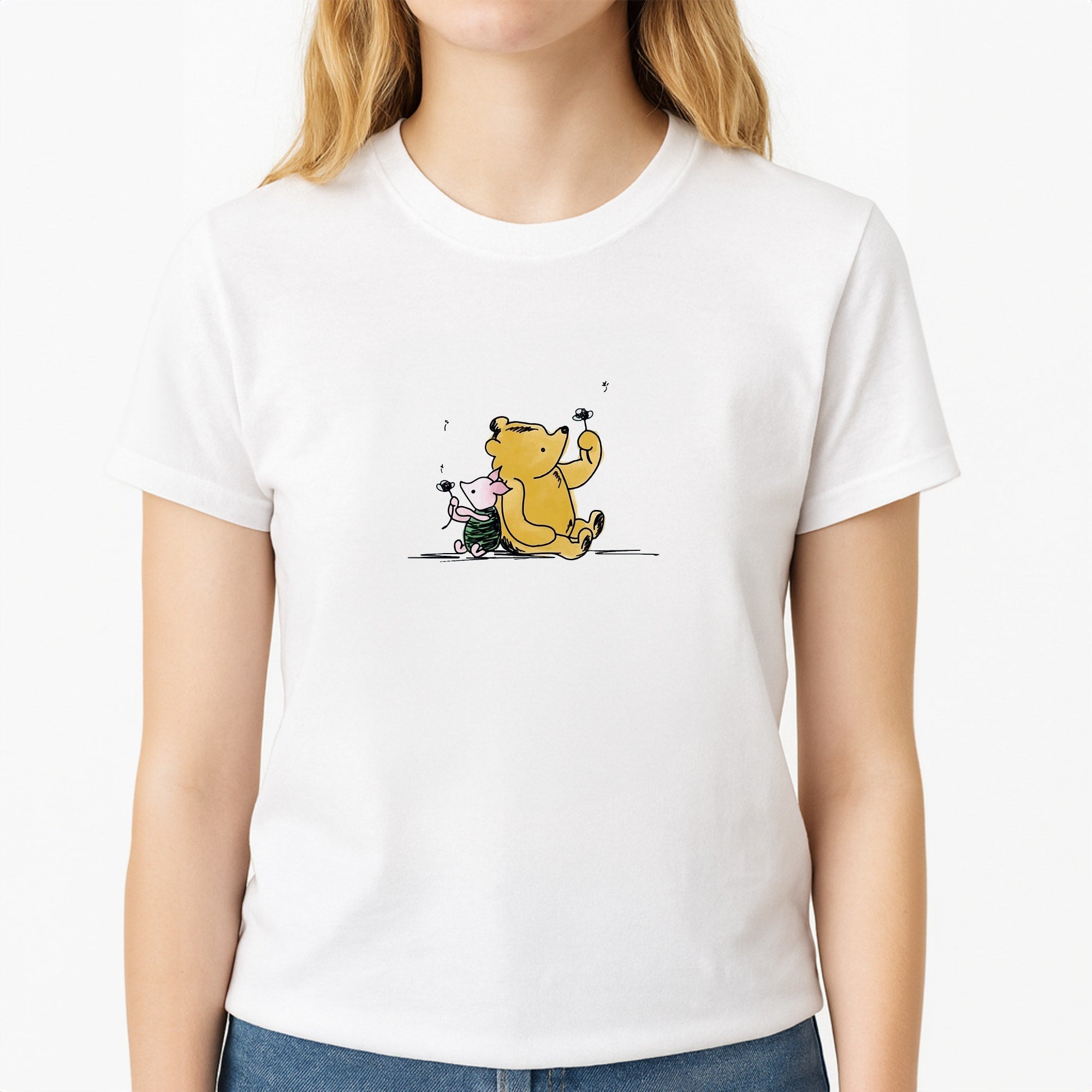 Winnie & Pig Unisex T-Shirt, worn by a female model