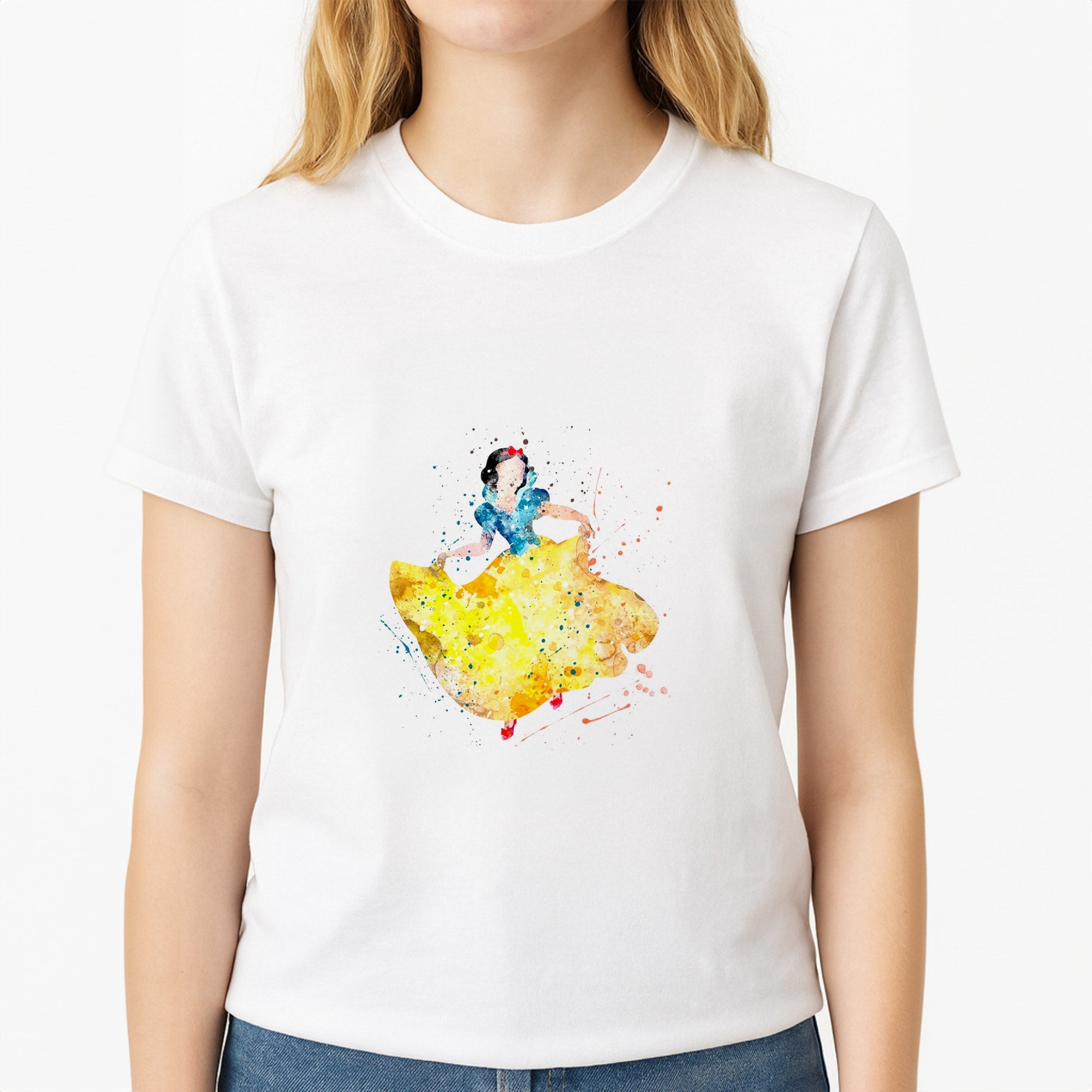 Watercolour Snow White Fairytale Unisex T-Shirt, worn by a female model
