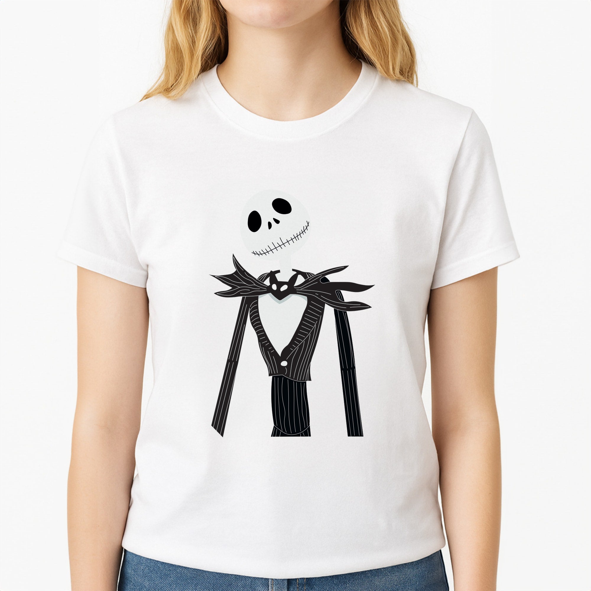 Jack Skellington Blue - TNBC Unisex T-Shirt, worn by a female model