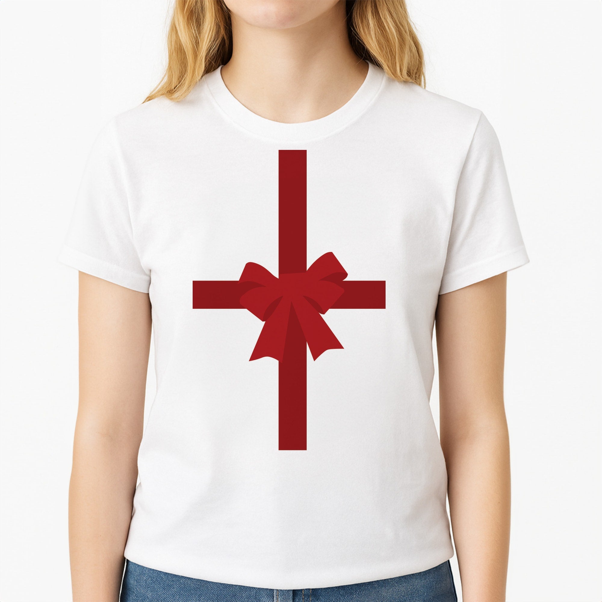 Xmas Bow - Christmas Patterns Unisex T-Shirt, worn by a female model