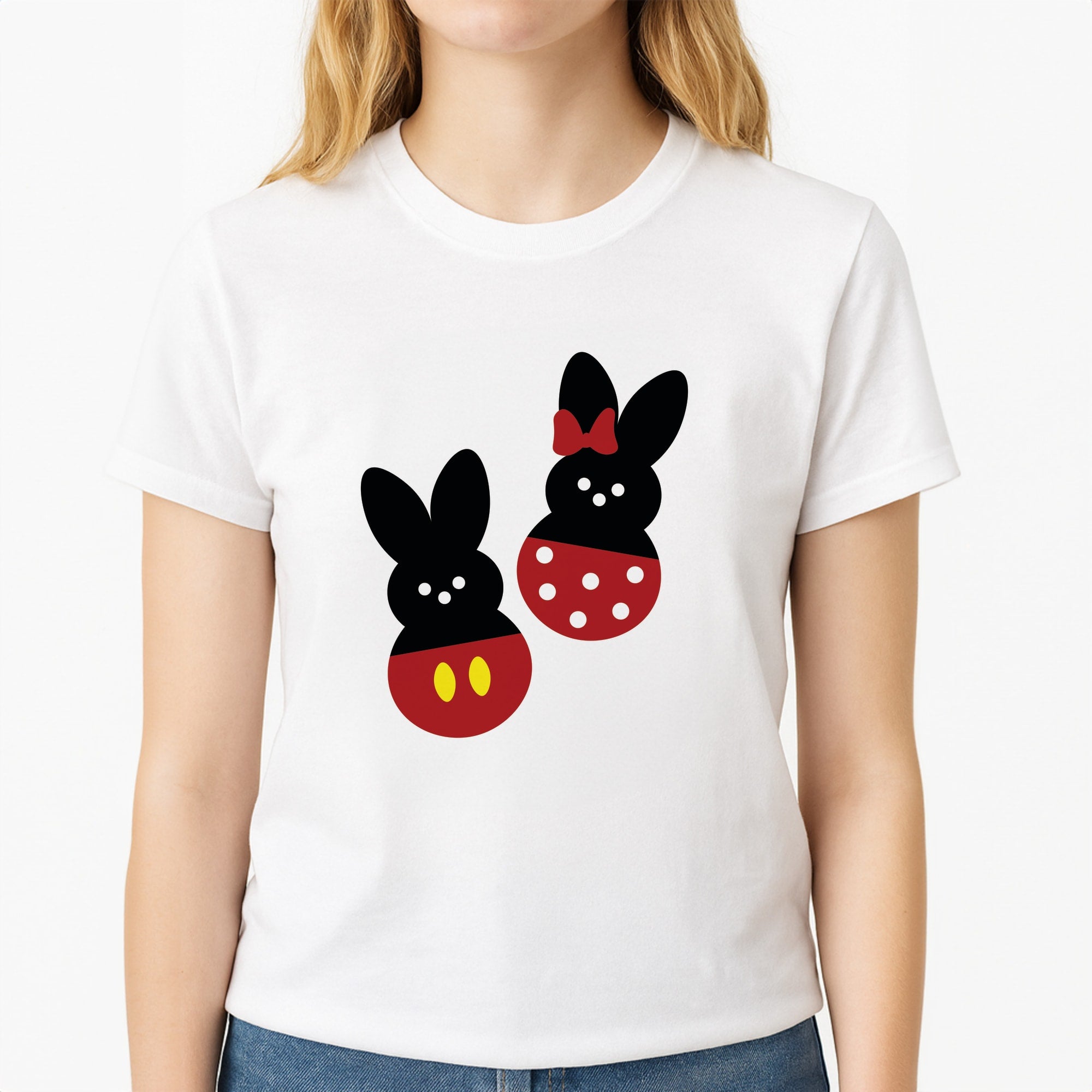 Mouse Peeps Pattern Unisex T-Shirt, worn by a female model