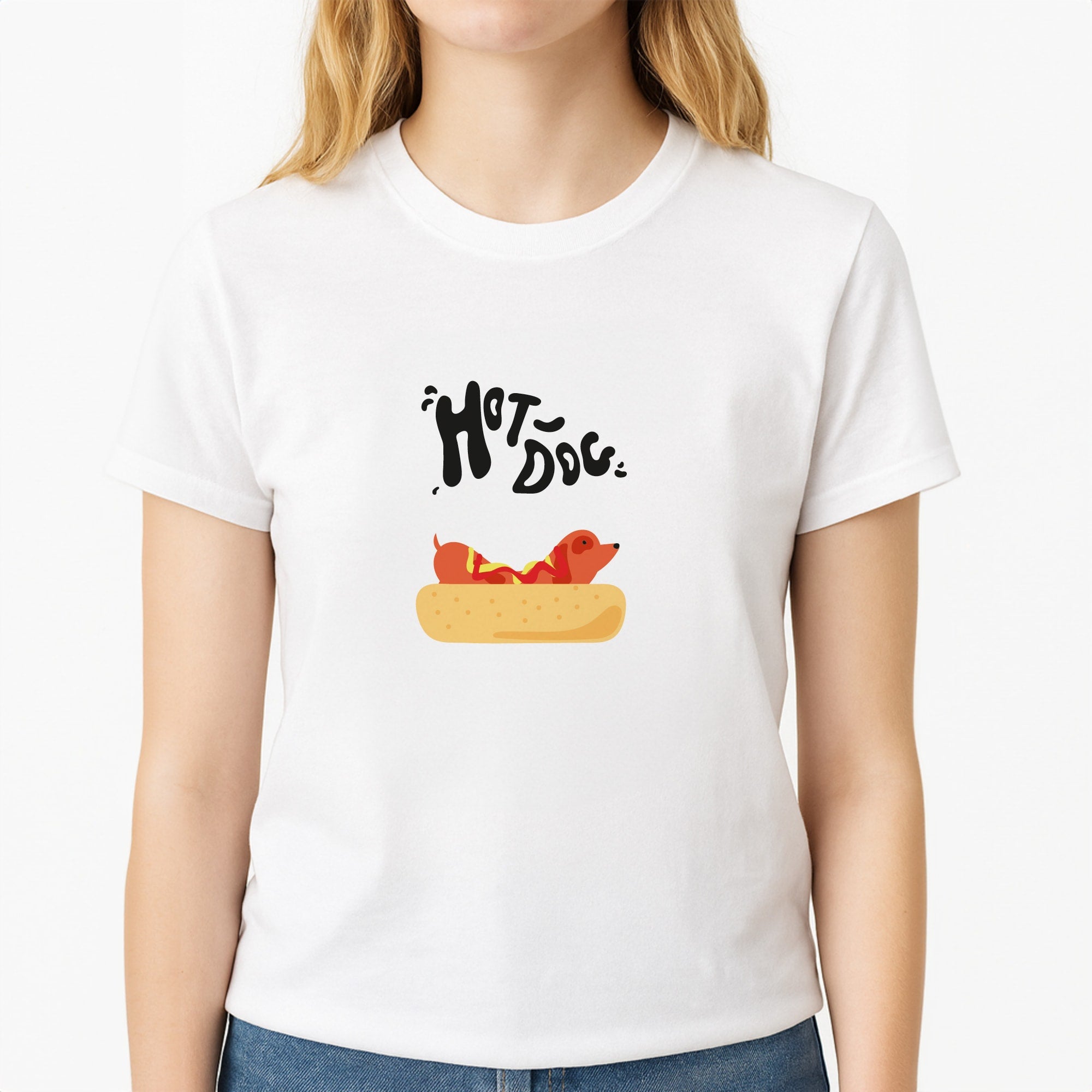 Hot Dog - Dachshunds Unisex T-Shirt, worn by a female model