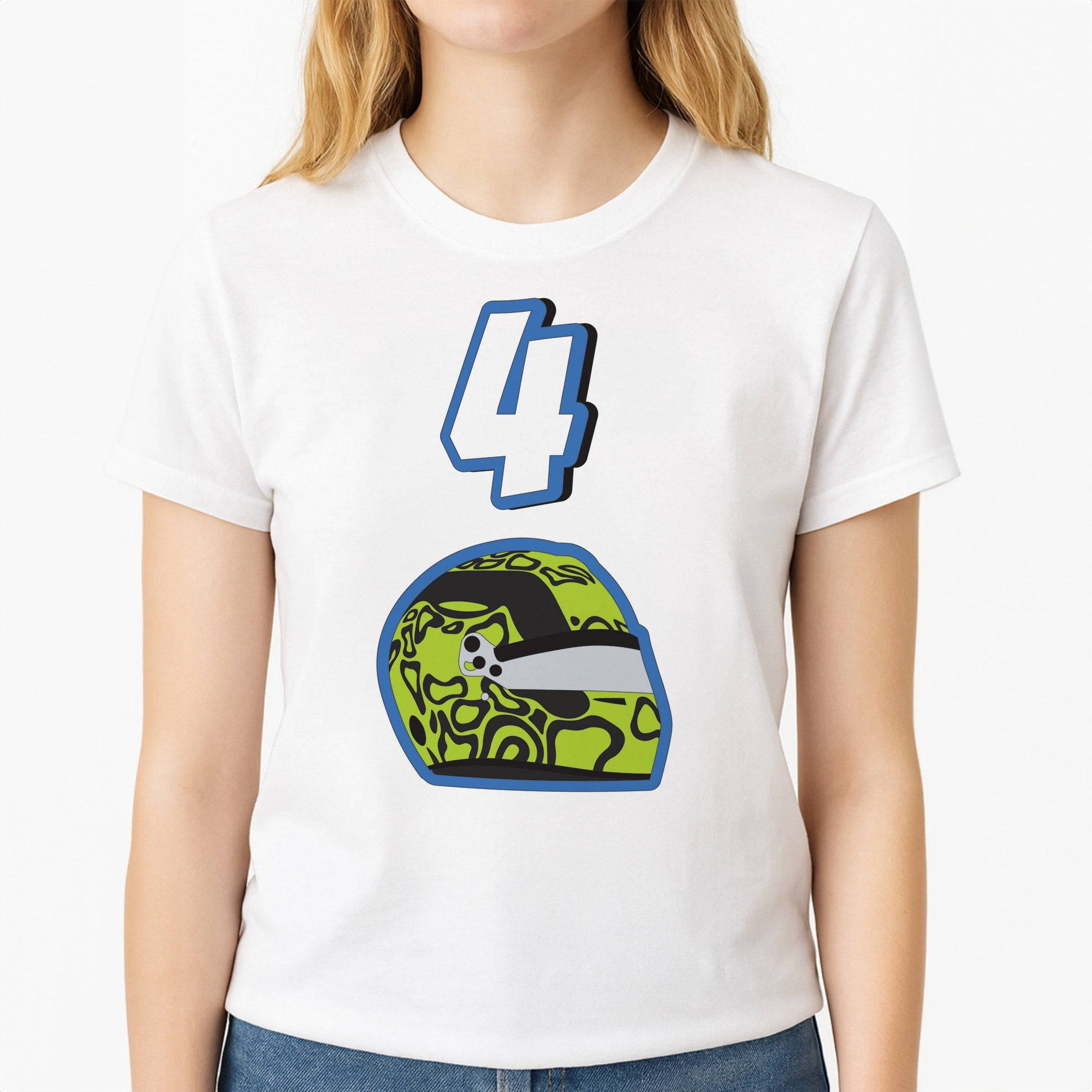 Helmet 4 Unisex T-Shirt, worn by a female model