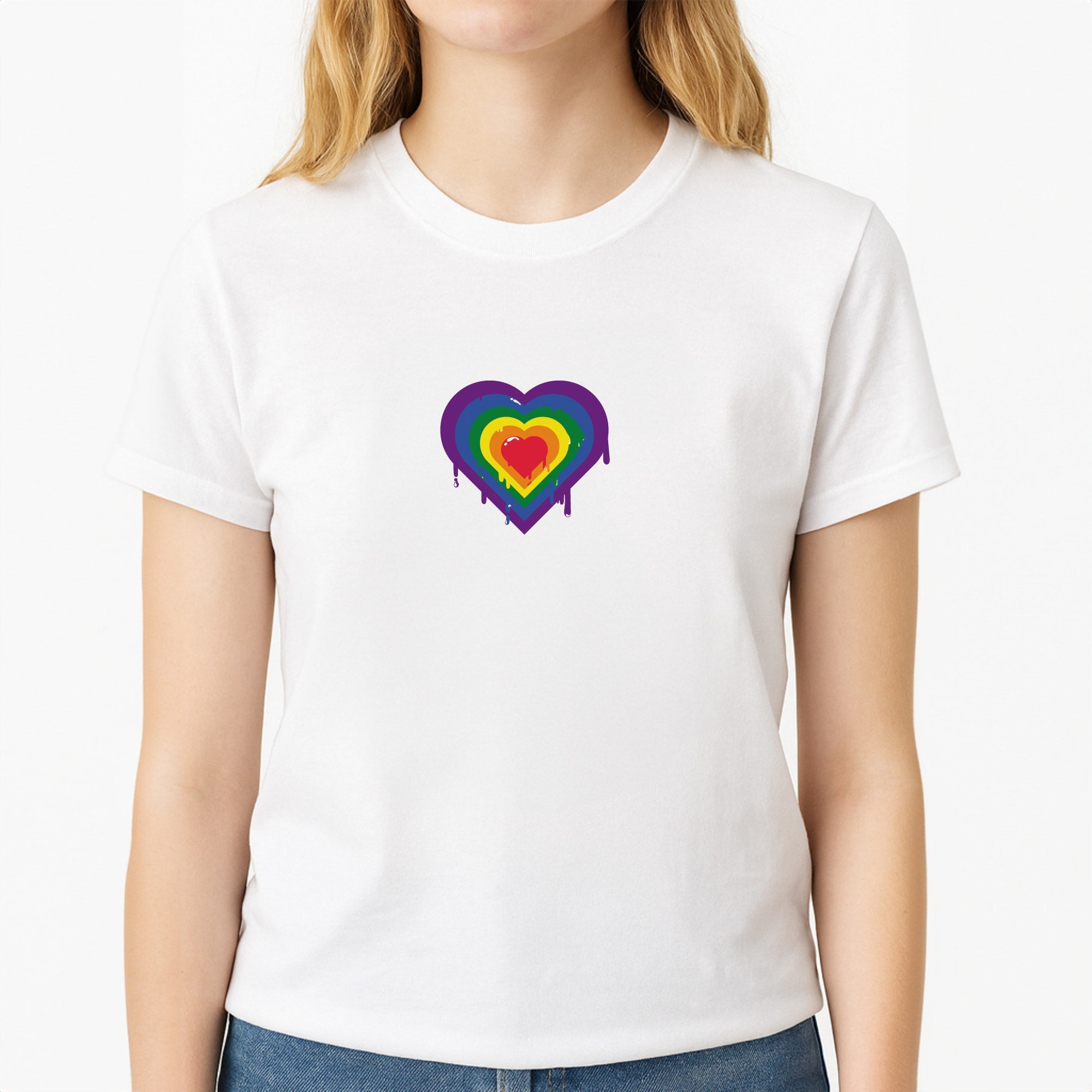 Dripped heart - Pride Unisex T-Shirt, worn by a female model